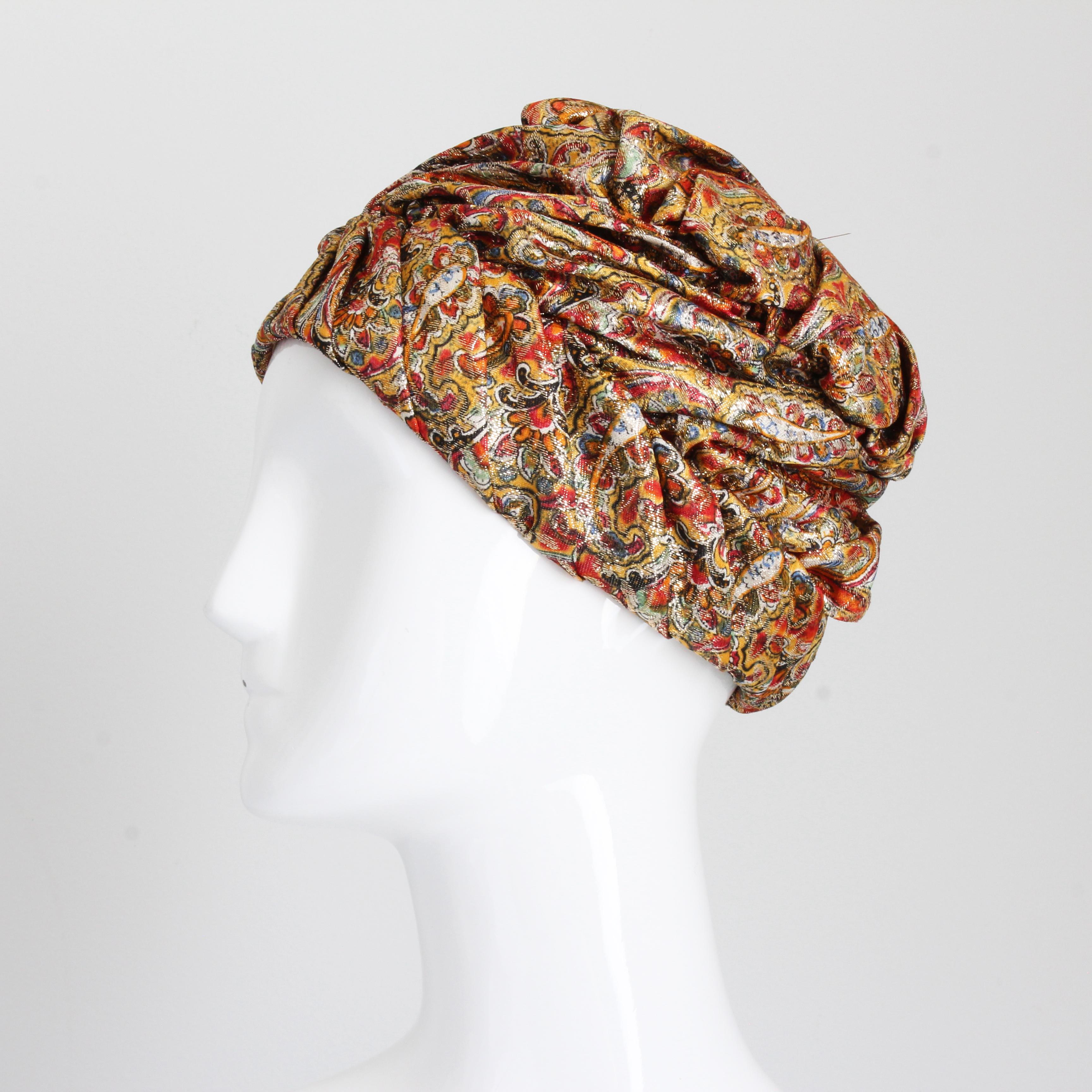Women's or Men's 1950s Turban Hat Metallic Paisley Colorful by Marshall Field & Company Rare  For Sale