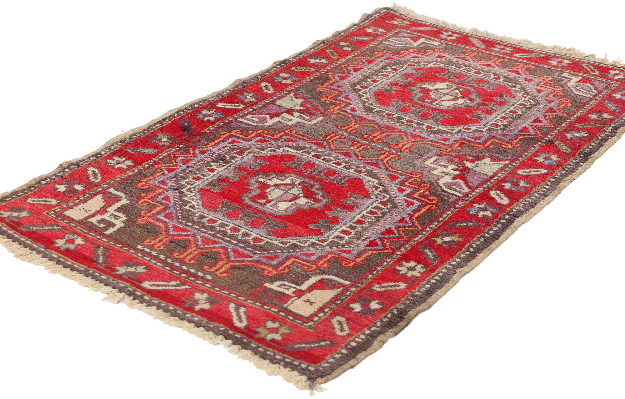 79178 Vintage Turkish Bergama Rug, 02'01 x 03'09. A radiant relic of Anatolian heritage, this hand-knotted wool vintage Turkish Bergama rug evokes the bold spirit and tribal mastery of the northwestern weaving traditions of Turkey. At its core, two