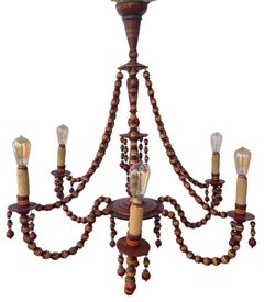 1950's Turkish Hand-Carved Wooden 6-Arm Chandelier Beaded & Hand-Painted