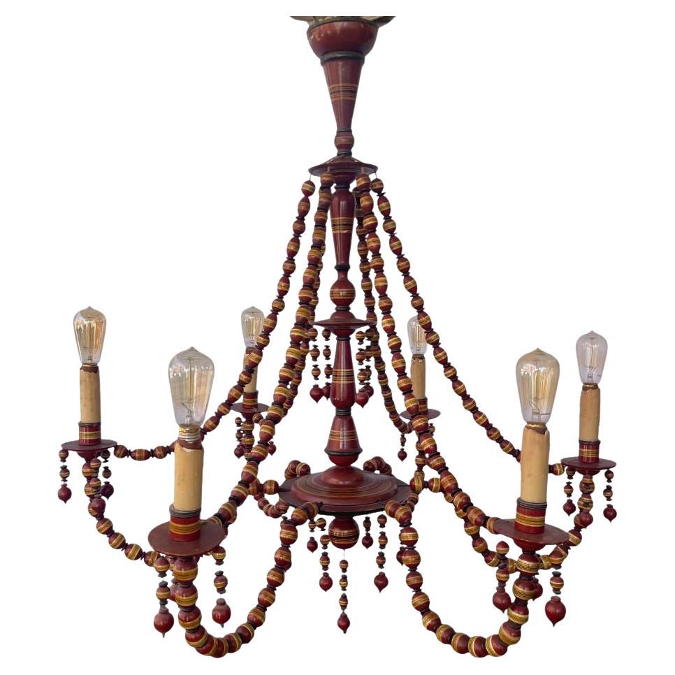 1950's Turkish Hand-Carved Wooden 6-Arm Chandelier Beaded & Hand-Painted