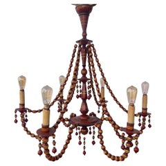 1950's Turkish Hand-Carved Wooden 6-Arm Chandelier Beaded & Hand-Painted