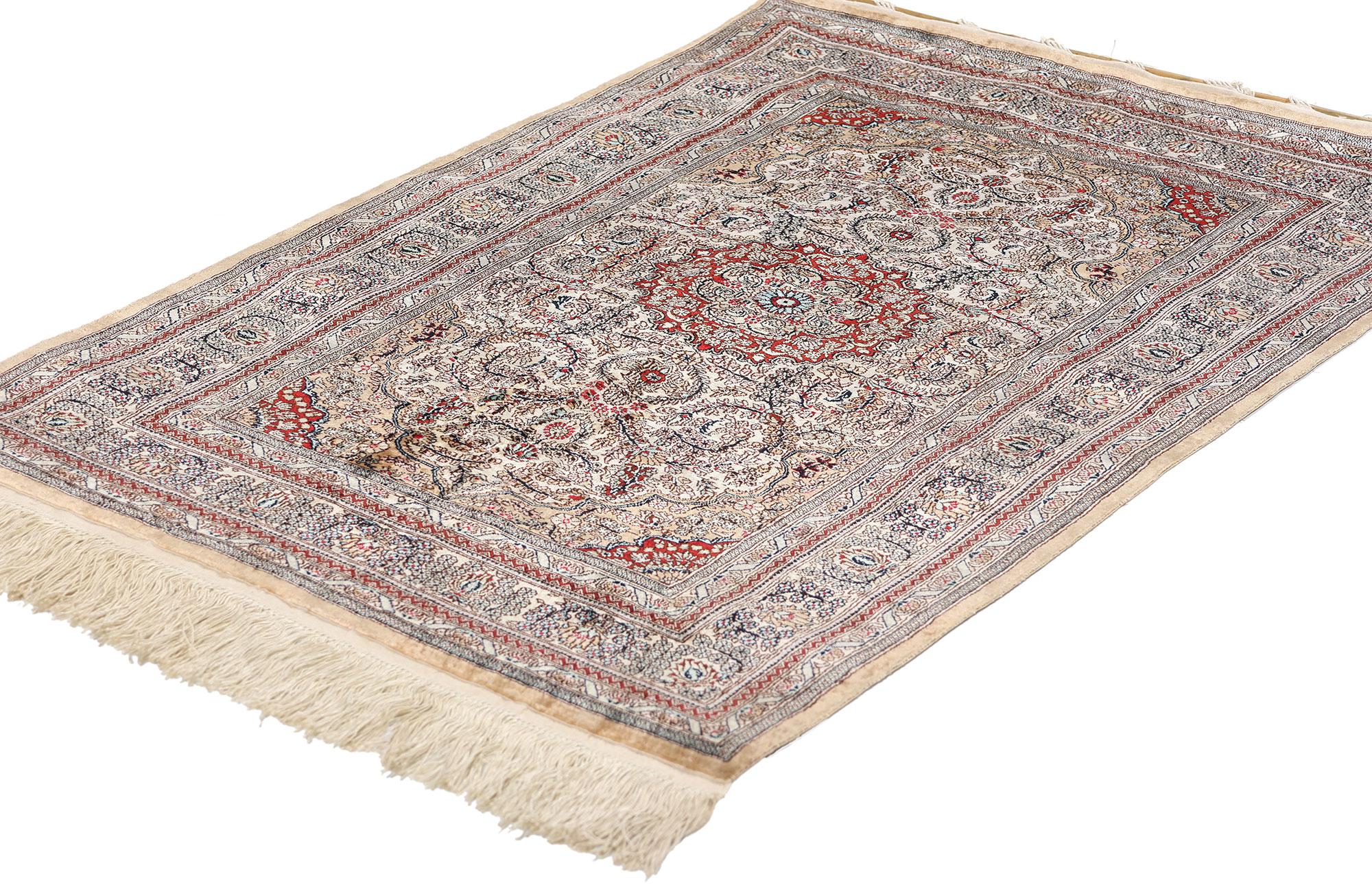 78933 Vintage Turkish Silk Hereke Rug, 02'00 x 02'11. This hand-knotted vintage Turkish silk Hereke rug is a testament to the exceptional craftsmanship of the Hereke weaving tradition, originating from the renowned weaving centers of Turkey. Revered