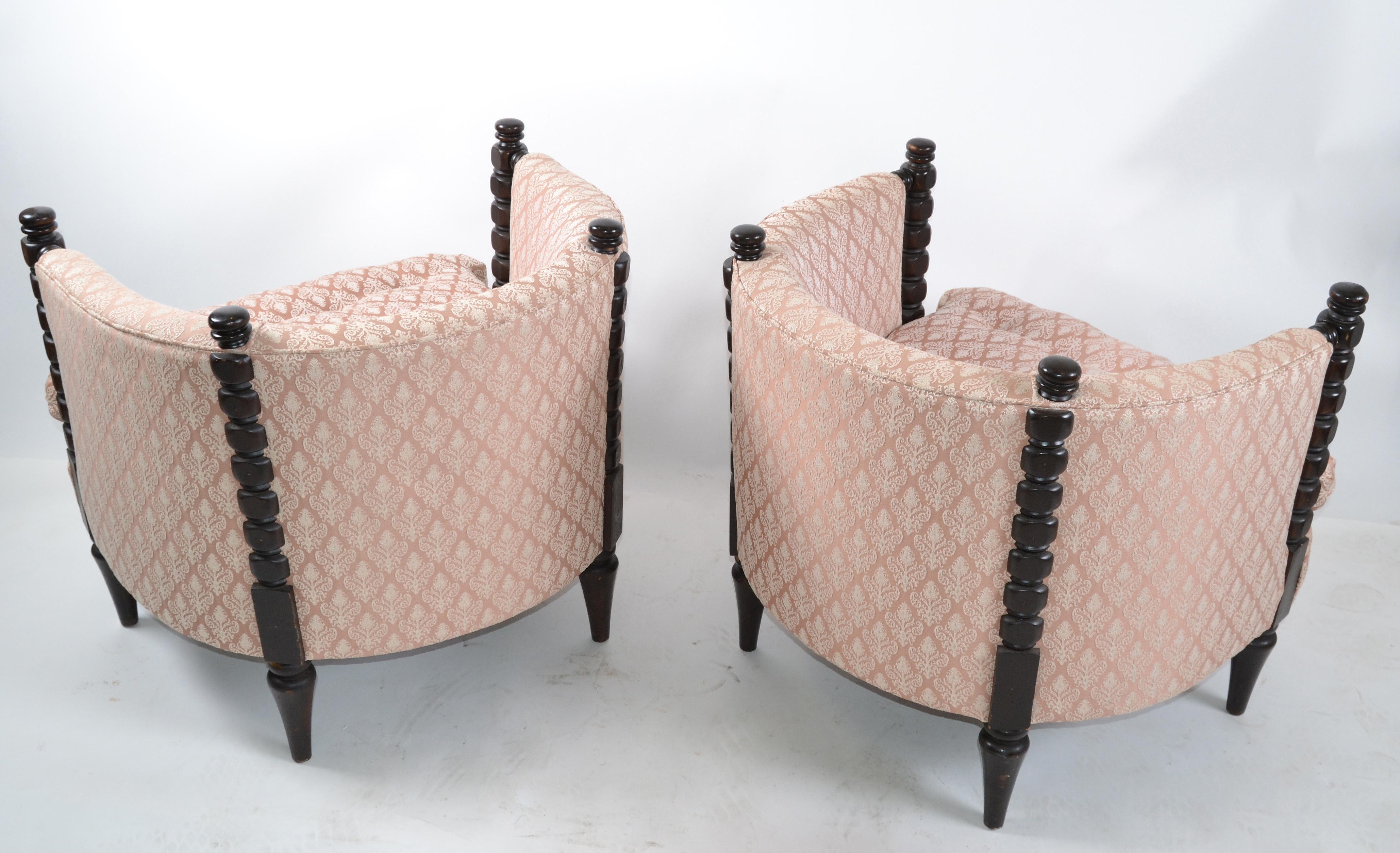 1950s Turned Wood and Tufted Fabric Upholstery Barrel Chairs, Club Chairs, Pair 4