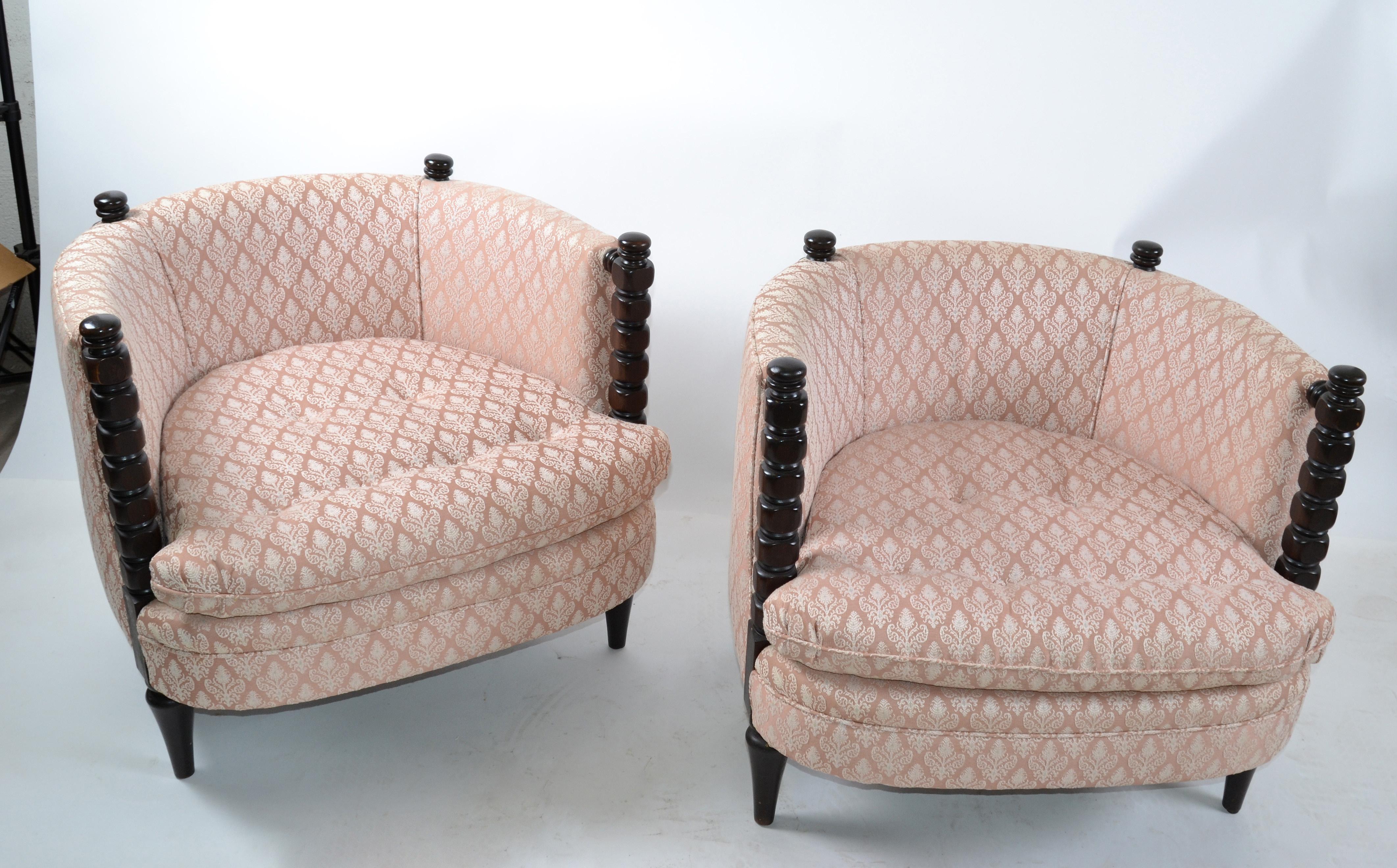 1950s Turned Wood and Tufted Fabric Upholstery Barrel Chairs, Club Chairs, Pair 7