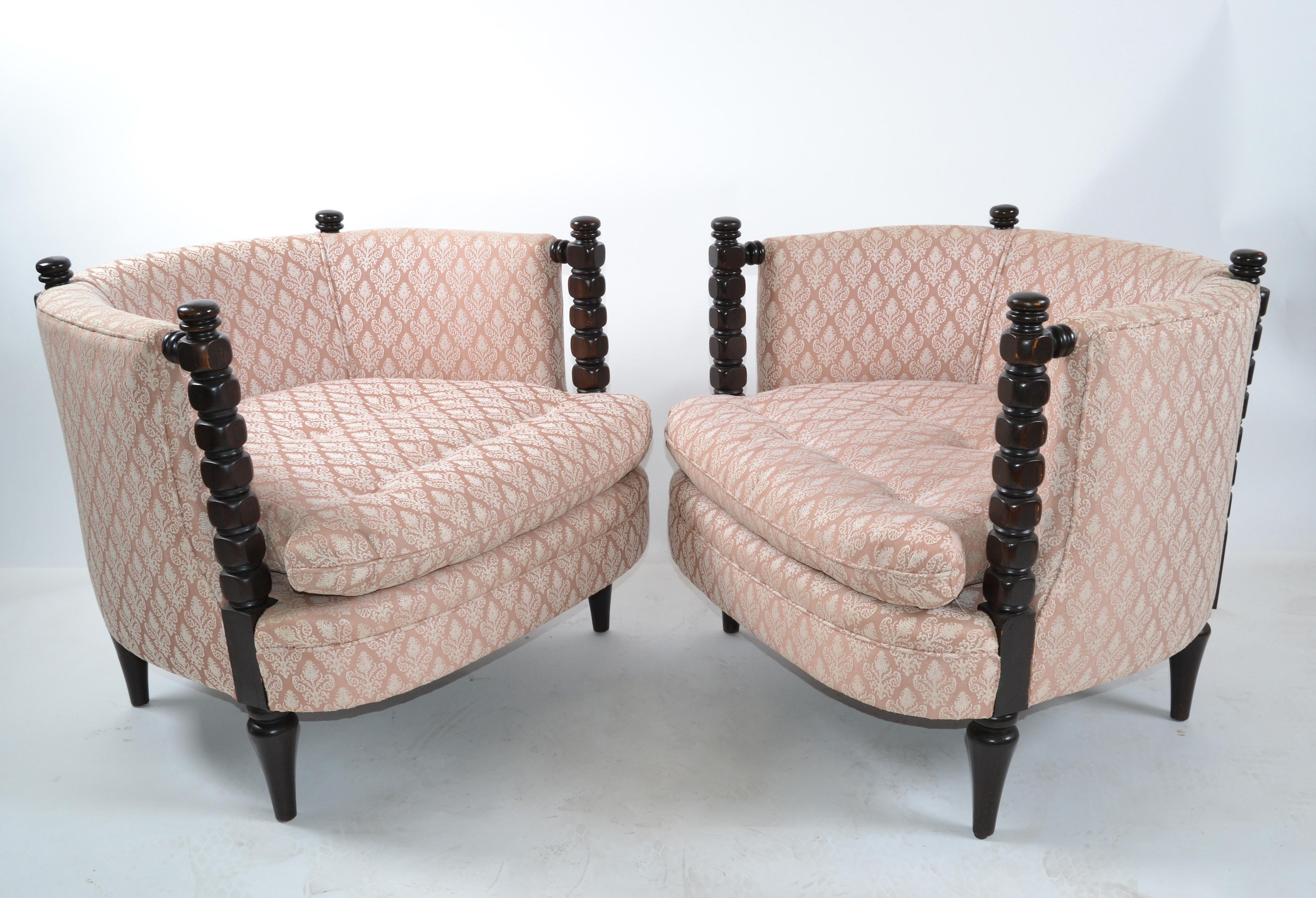 1950s Turned Wood and Tufted Fabric Upholstery Barrel Chairs, Club Chairs, Pair 8