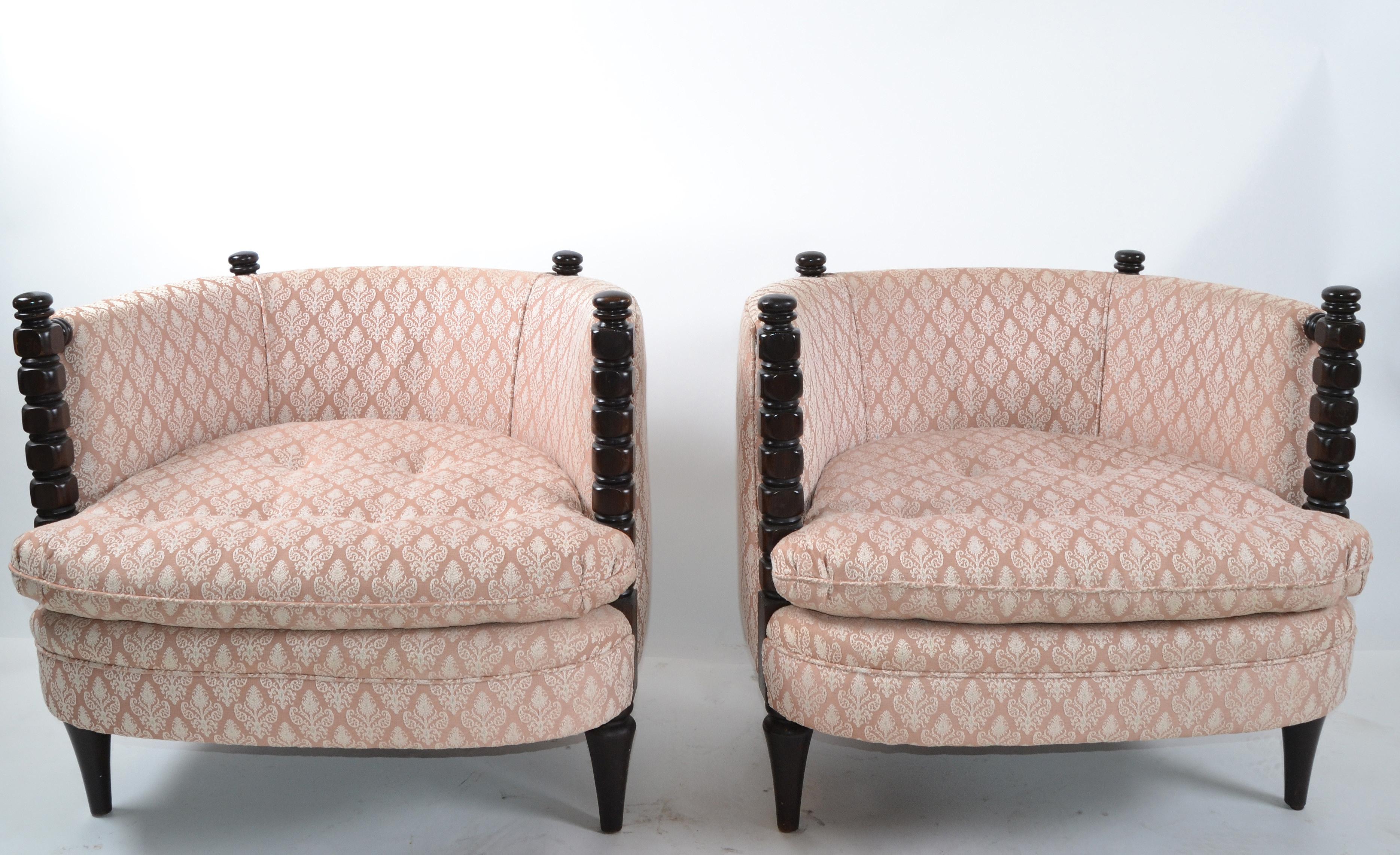 Neoclassical 1950s Turned Wood and Tufted Fabric Upholstery Barrel Chairs, Club Chairs, Pair
