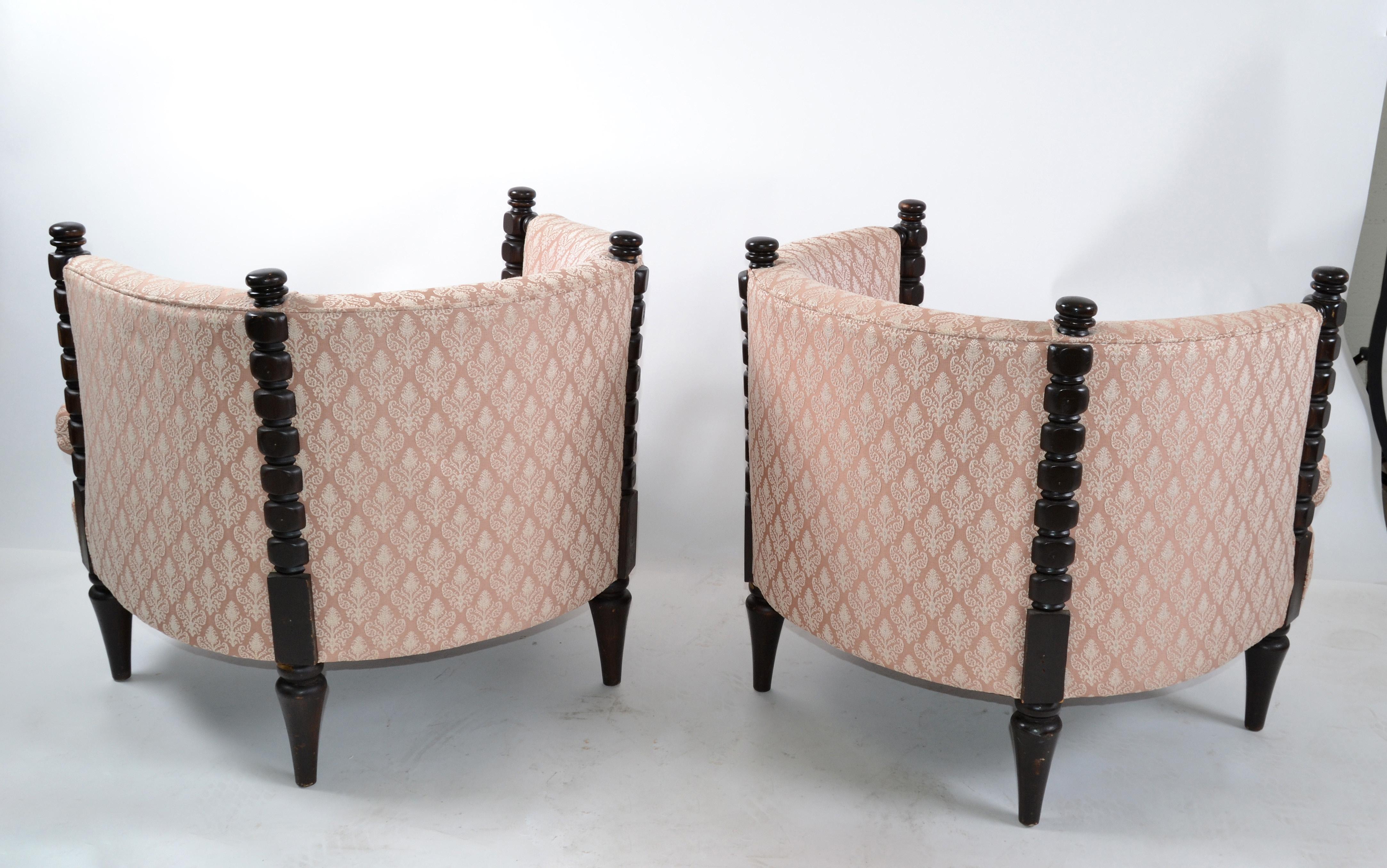 20th Century 1950s Turned Wood and Tufted Fabric Upholstery Barrel Chairs, Club Chairs, Pair