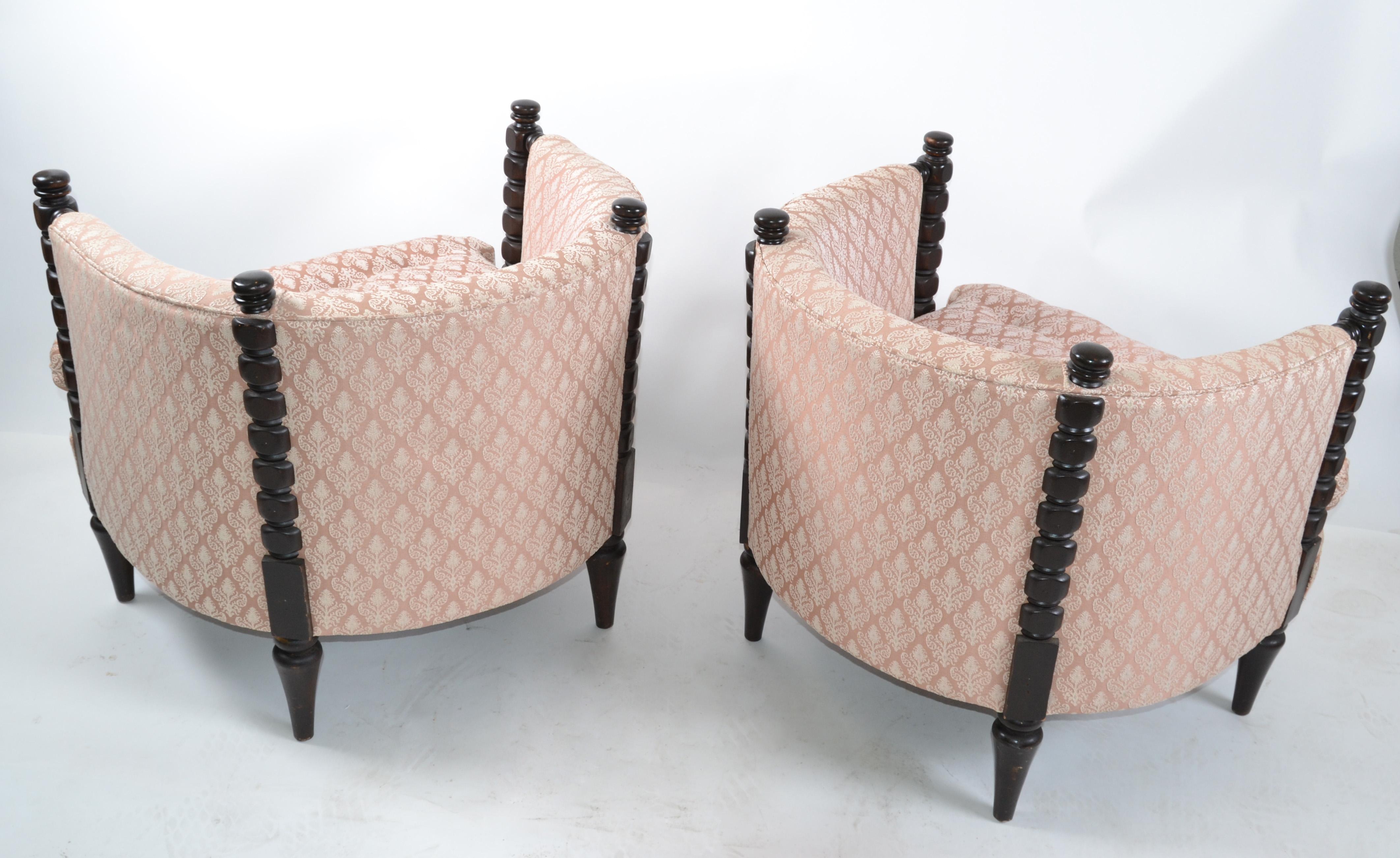 1950s Turned Wood and Tufted Fabric Upholstery Barrel Chairs, Club Chairs, Pair 1