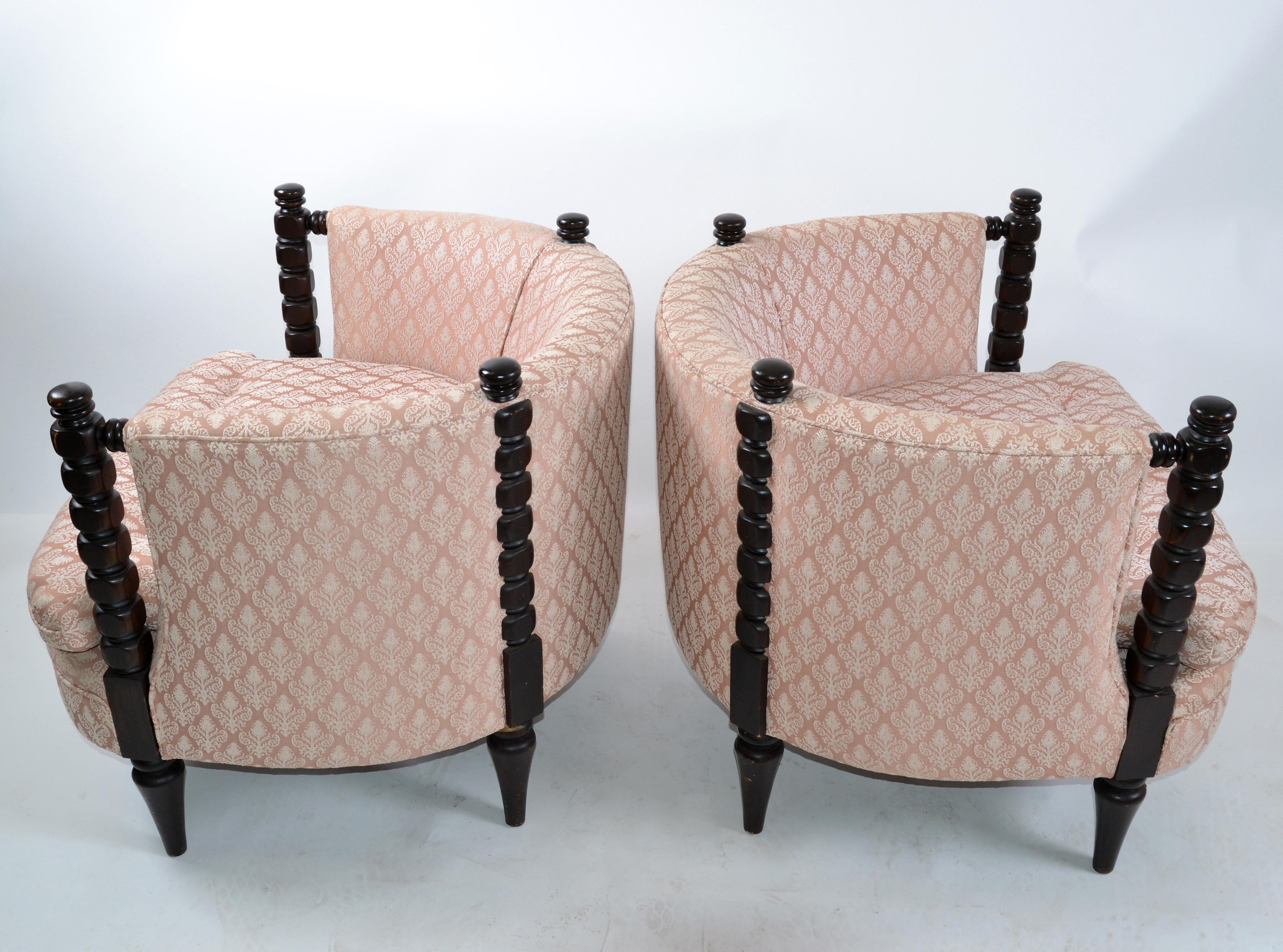 1950s Turned Wood and Tufted Fabric Upholstery Barrel Chairs, Club Chairs, Pair 3