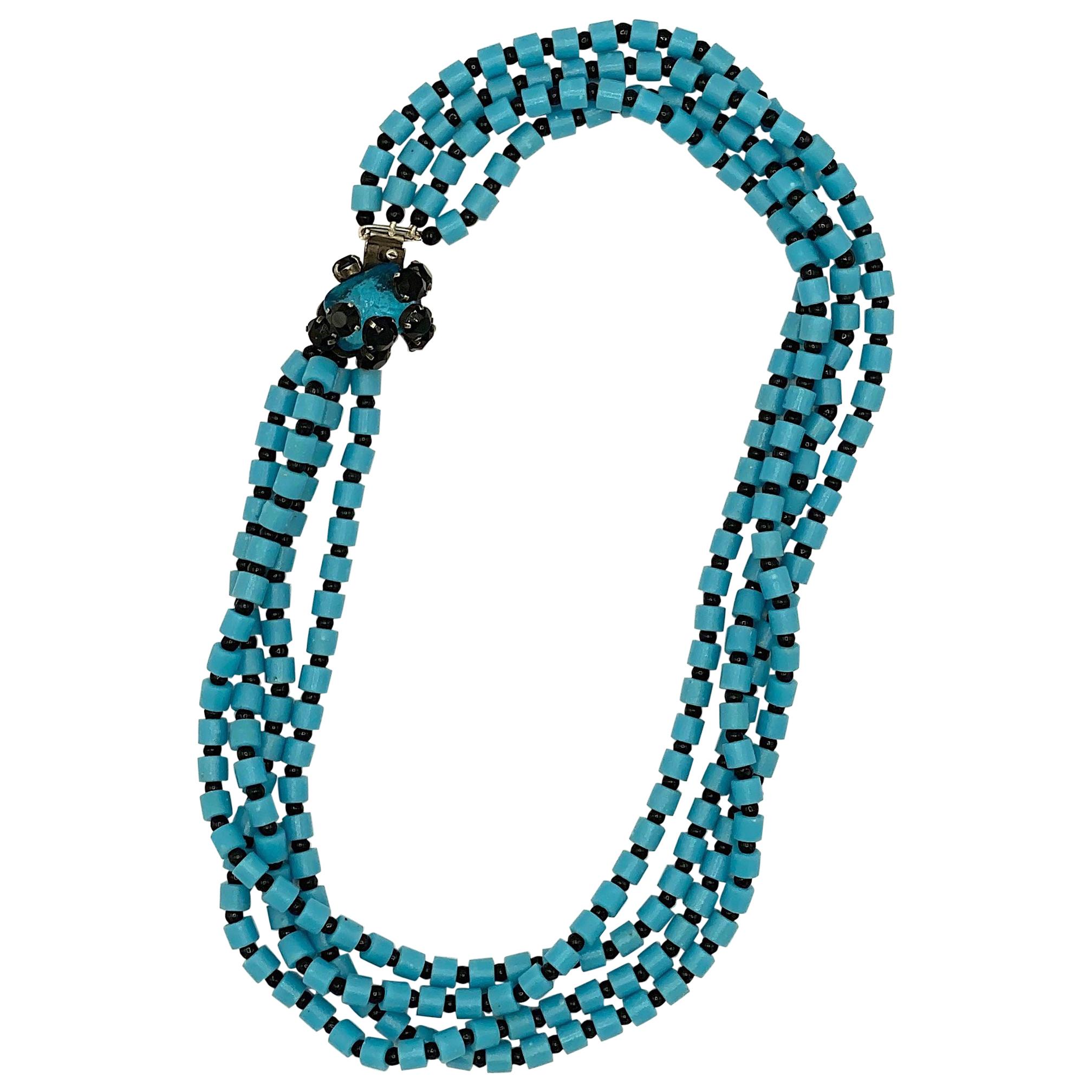 1950s Turquoise and Black Bead Torsade Necklace