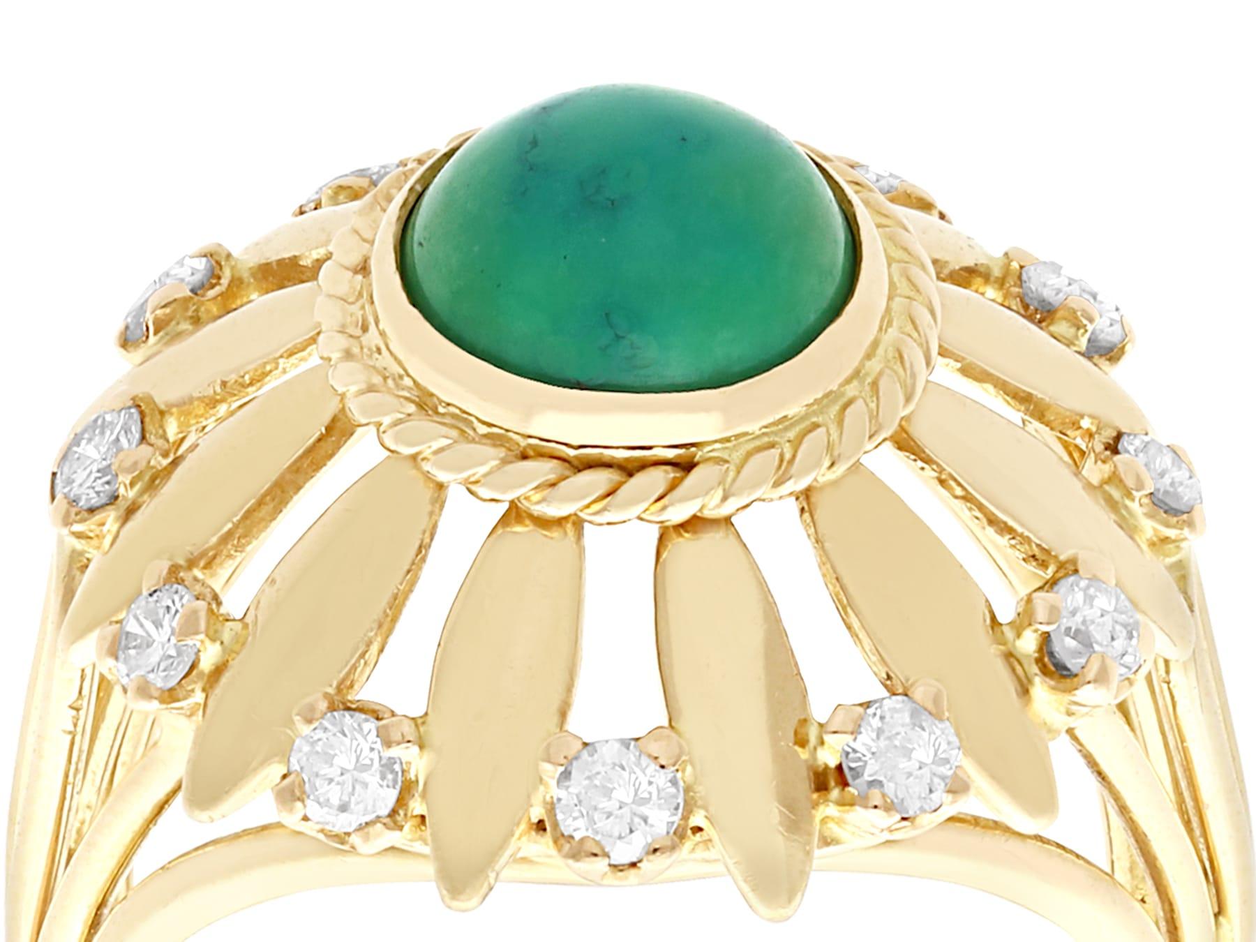 A fine and impressive vintage turquoise and 0.25 carat diamond, 18 karat yellow gold cocktail ring; part of our diverse antique jewelry and estate jewelry collections.

This fine and impressive vintage turquoise ring has been crafted in 18k yellow