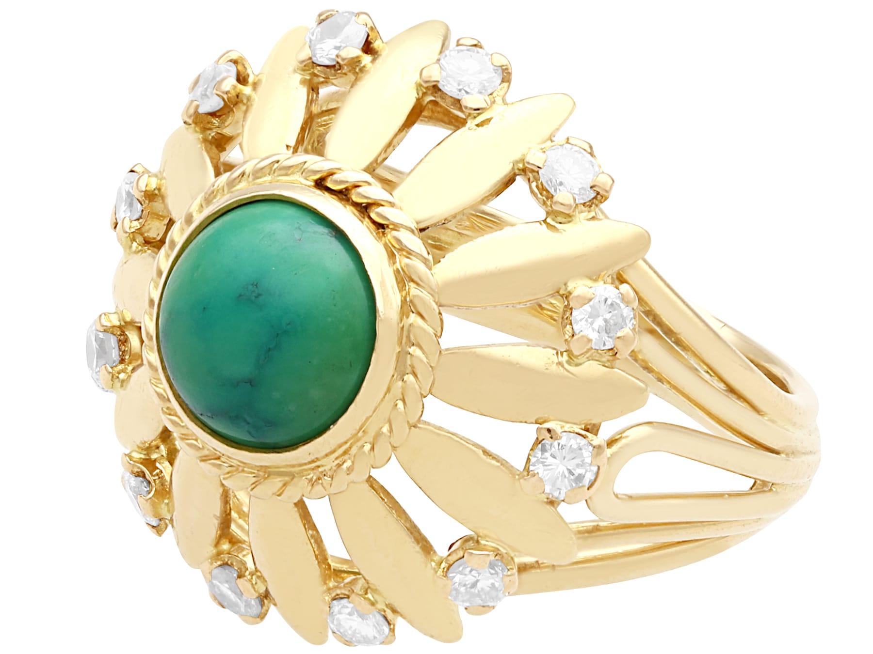 Retro 1950s Cabochon Turquoise and Diamond Yellow Gold Cocktail Ring For Sale