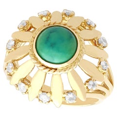 Vintage 1950s Cabochon Turquoise and Diamond Yellow Gold Cocktail Ring