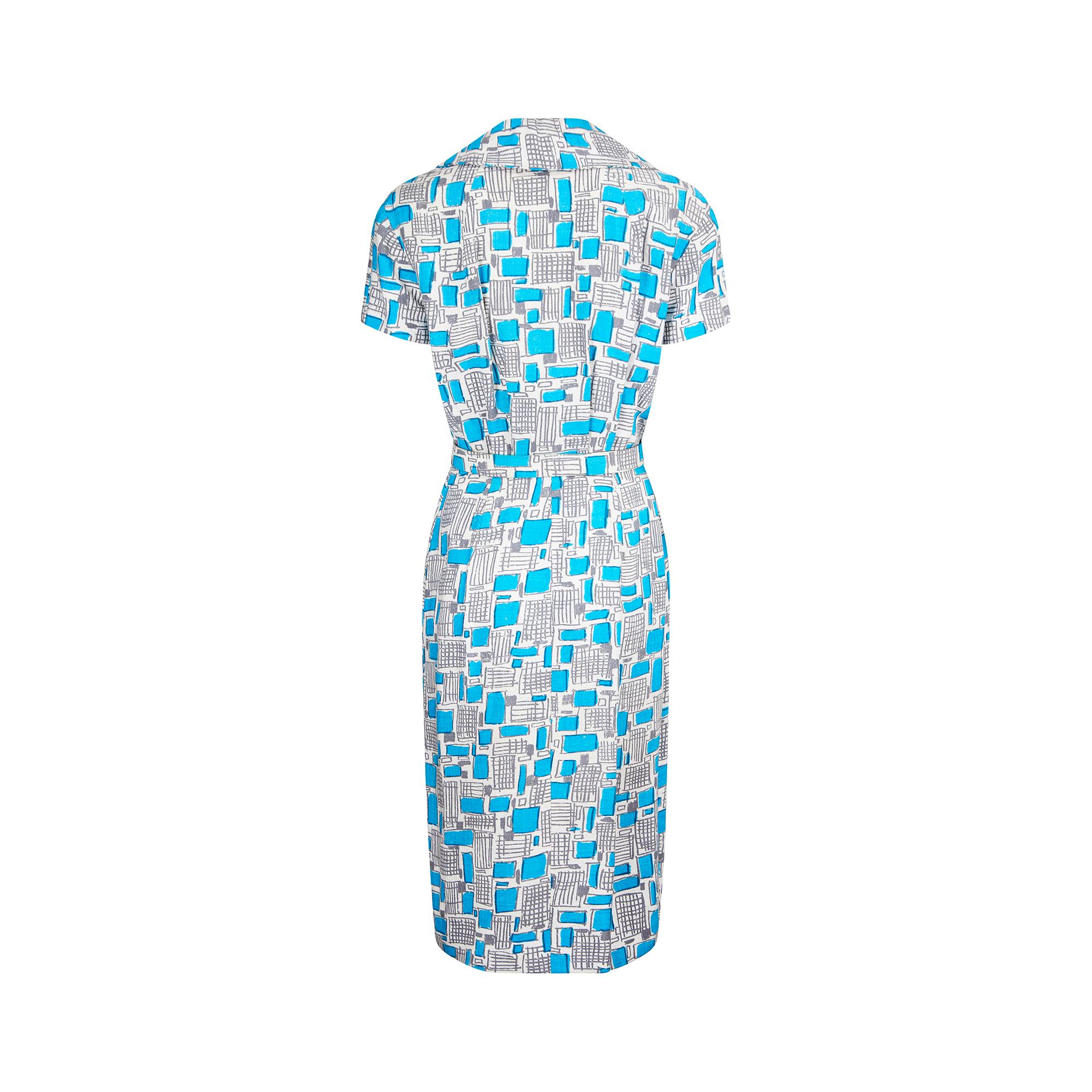 Gray 1950s Turquoise and Grey Mid-Century Print Shirtwaister Dress For Sale