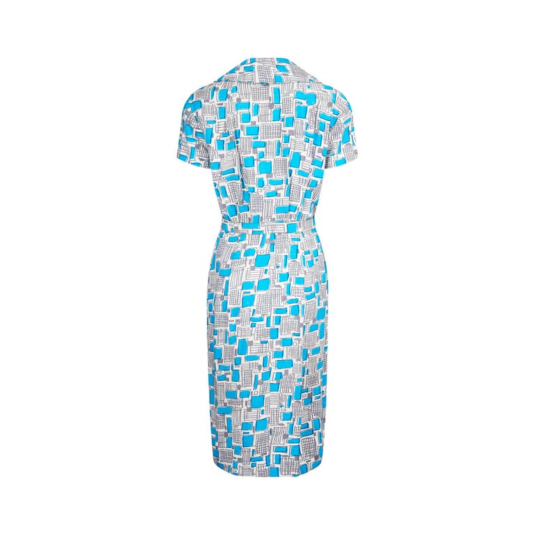 1950s Turquoise and Grey Mid-Century Print Shirtwaister Dress For Sale at 1stDibs 1950s Turquoise and Grey Mid-Century Print Shirtwaister Dress For Sale at 1stDibs
