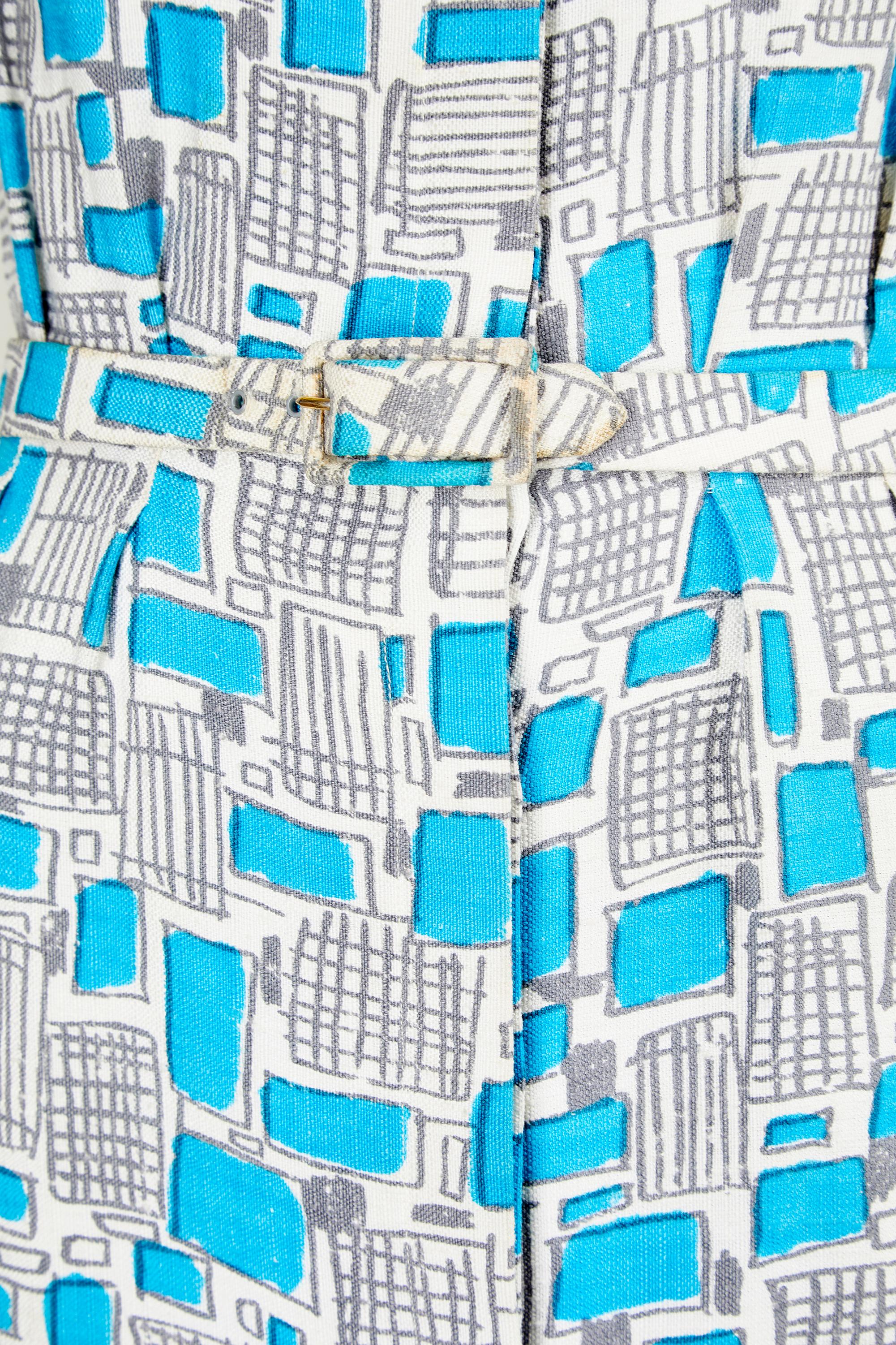 1950s Turquoise and Grey Mid-Century Print Shirtwaister Dress In Excellent Condition For Sale In London, GB