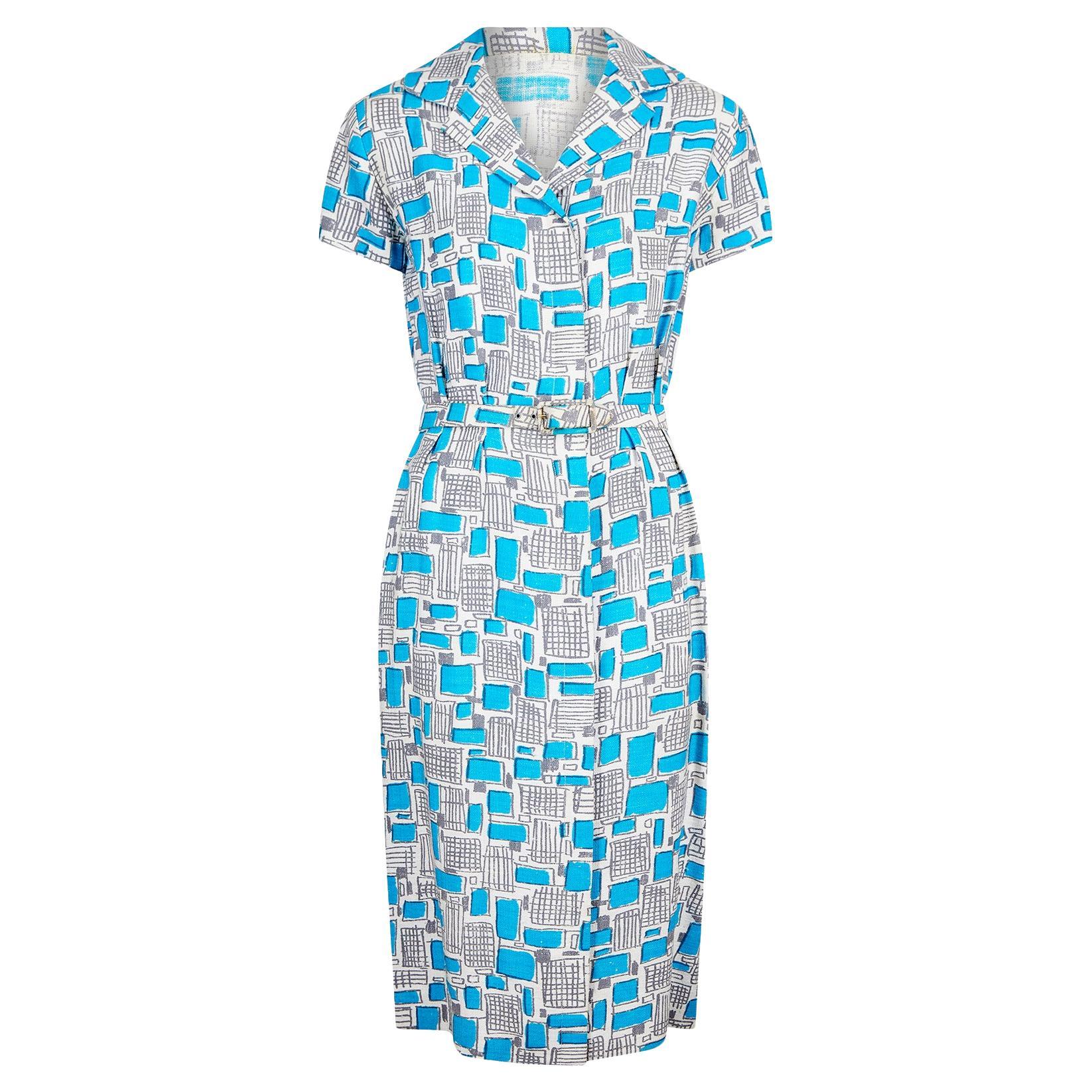 1950s Turquoise and Grey Mid-Century Print Shirtwaister Dress For Sale