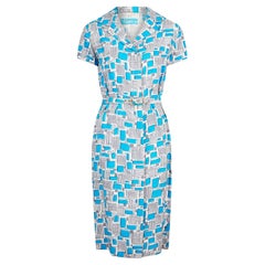 Vestido camisero de los años 50 con estampado de mediados de siglo en turquesa y gris