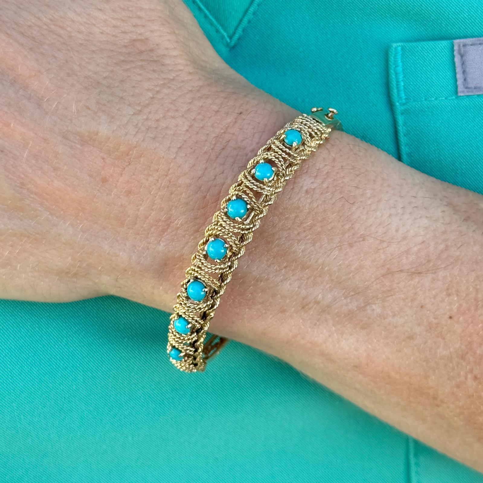 1950's Türkis Perle 14 Karat Gelbgold Vintage Hinged Armreif Armband (Zeitgenössisch)