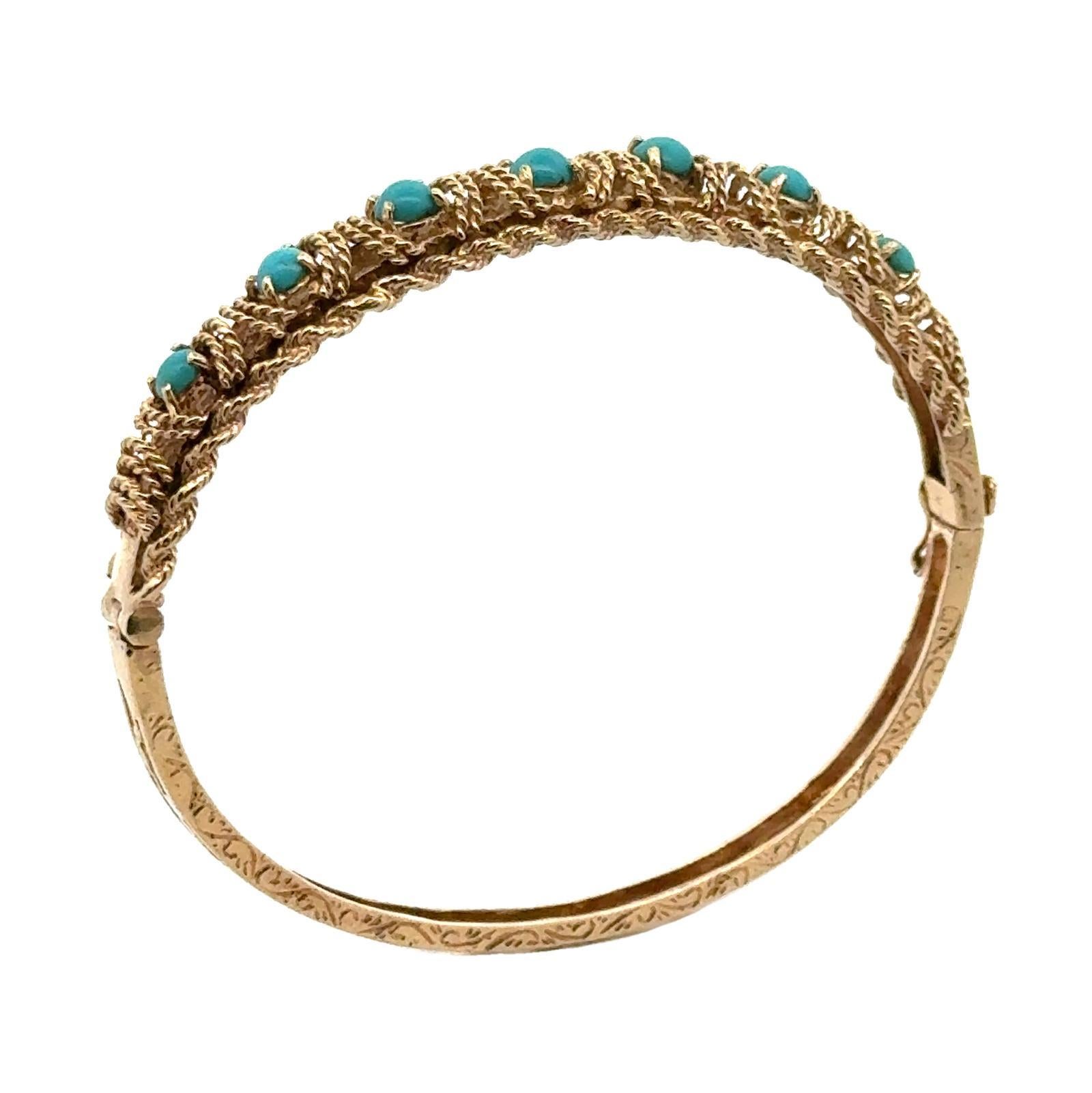 1950's Türkis Perle 14 Karat Gelbgold Vintage Hinged Armreif Armband (Cabochon)