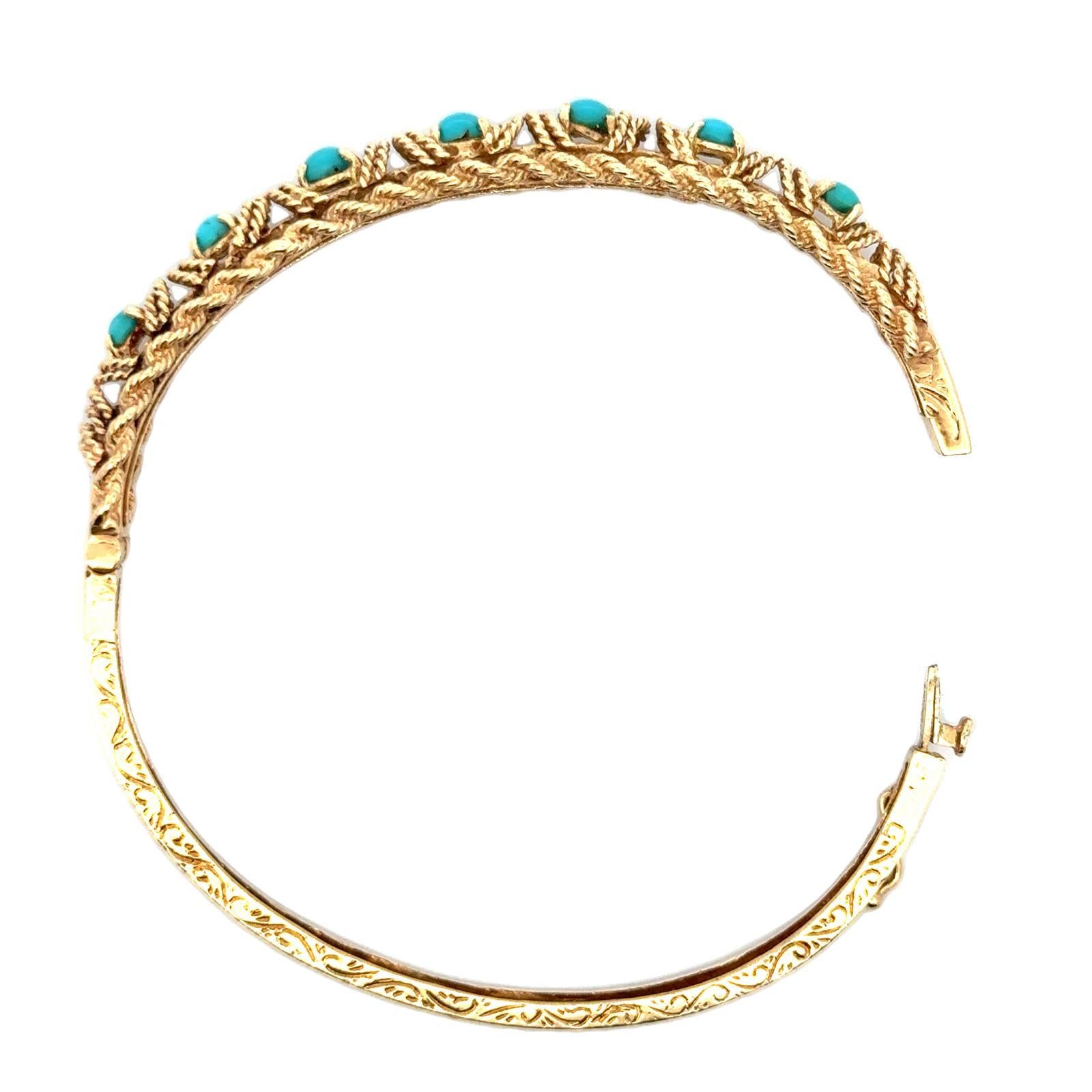 1950's Türkis Perle 14 Karat Gelbgold Vintage Hinged Armreif Armband im Zustand „Hervorragend“ in Boca Raton, FL
