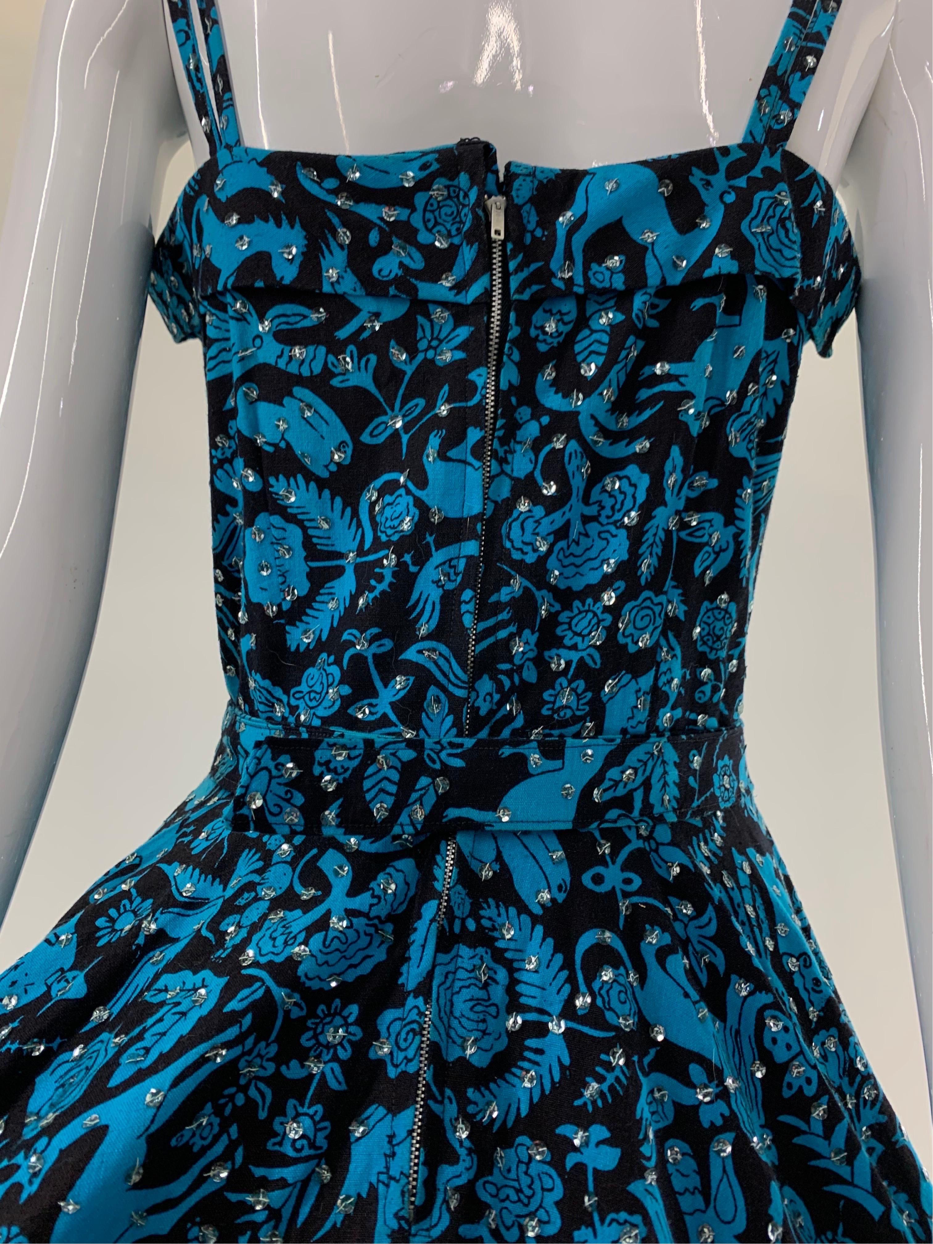 1950s Turquoise & Black Folkloric Print Cotton Summer Dress w/ Scattered Sequins For Sale 4