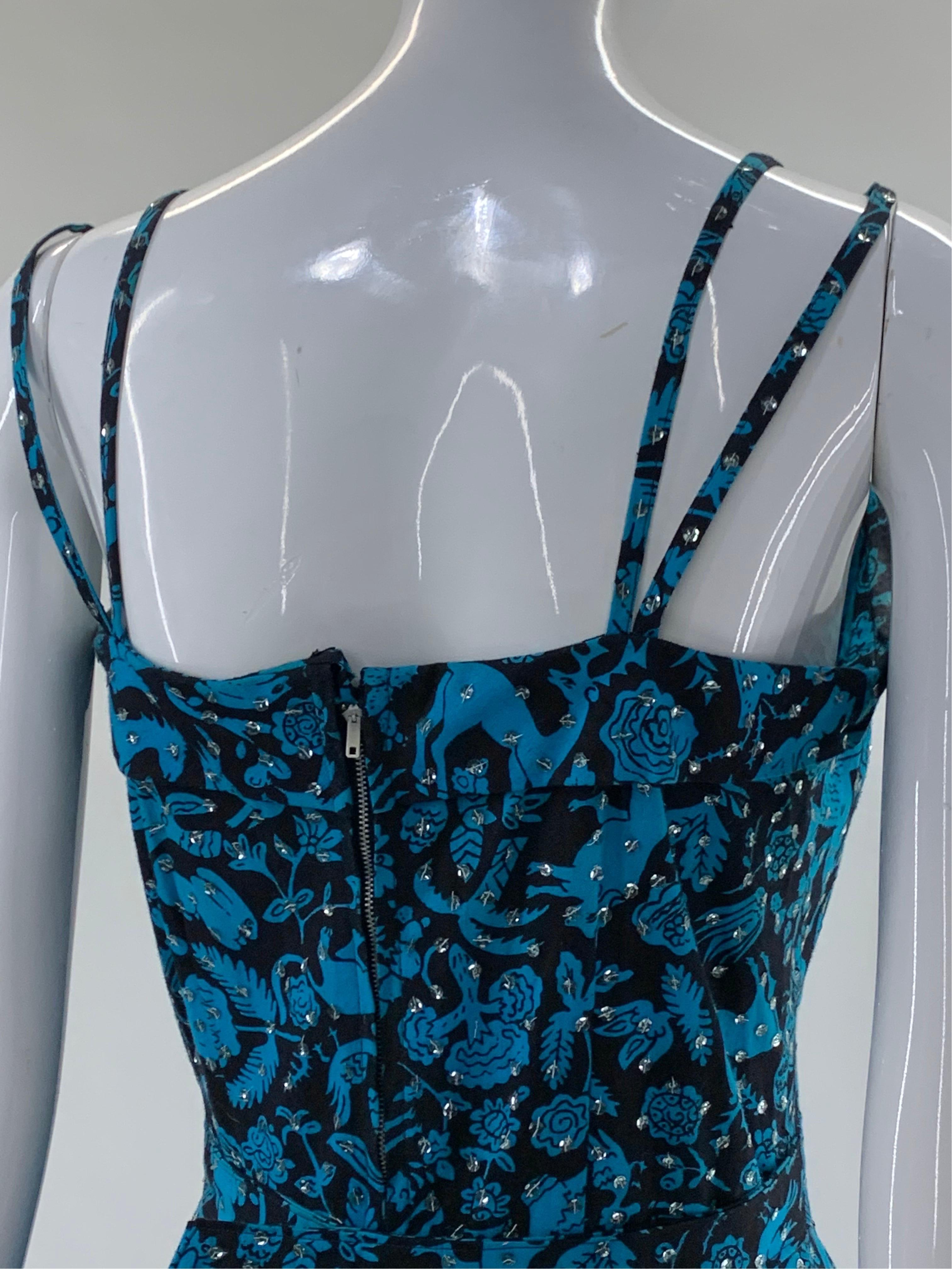 1950s Turquoise & Black Folkloric Print Cotton Summer Dress w/ Scattered Sequins For Sale 5