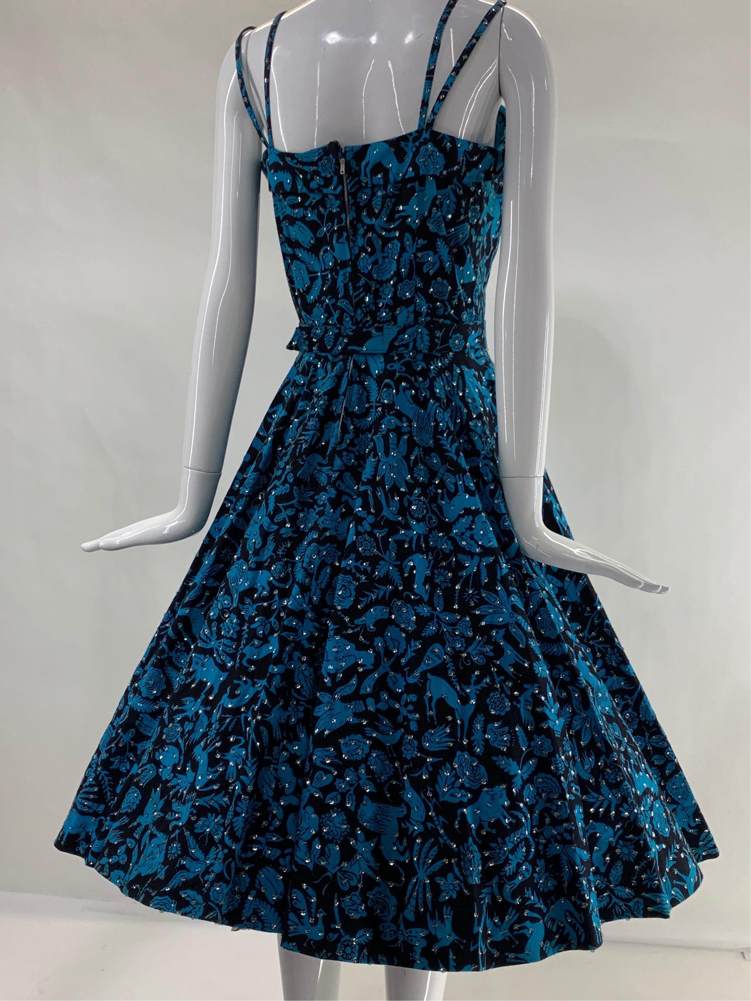 1950s Turquoise & Black Folkloric Print Cotton Summer Dress w/ Scattered Sequins For Sale 6