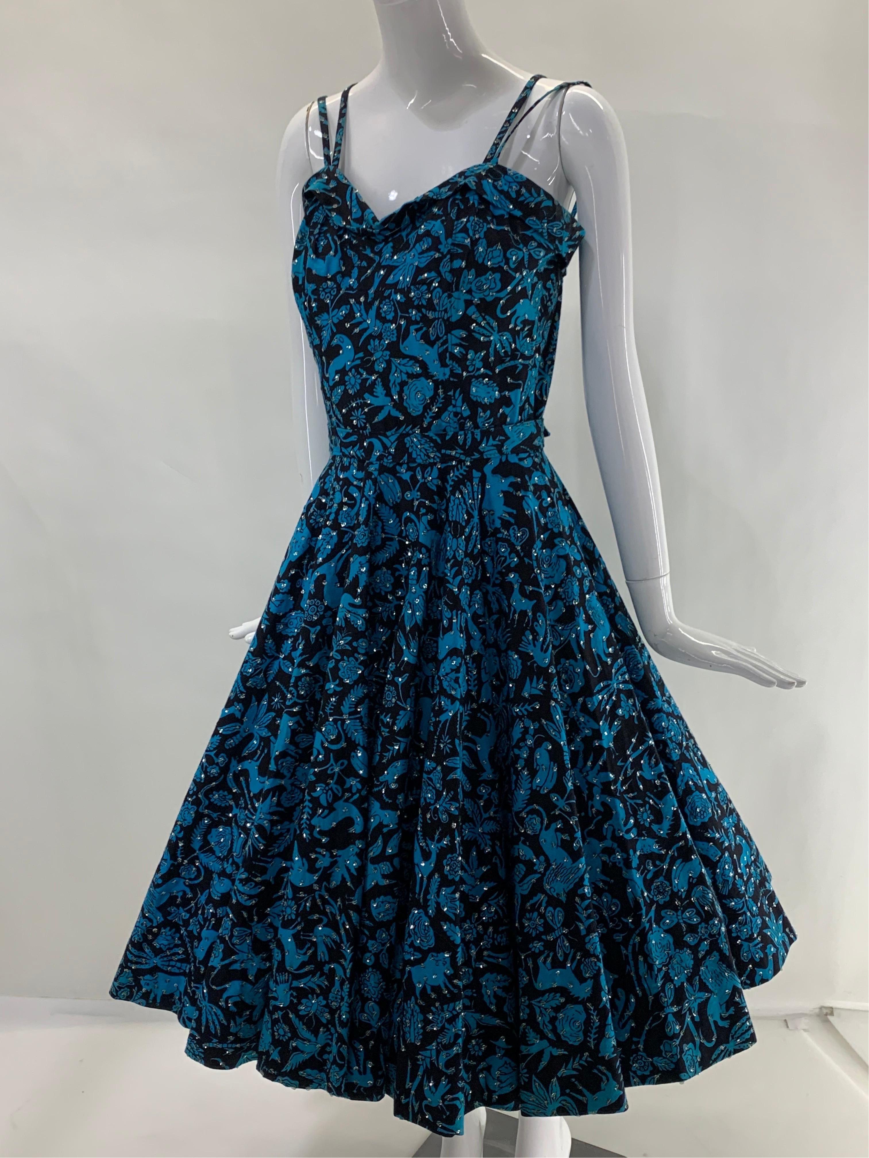 1950s Turquoise & Black Folkloric Print Cotton Summer Dress w/ Scattered Sequins For Sale 7