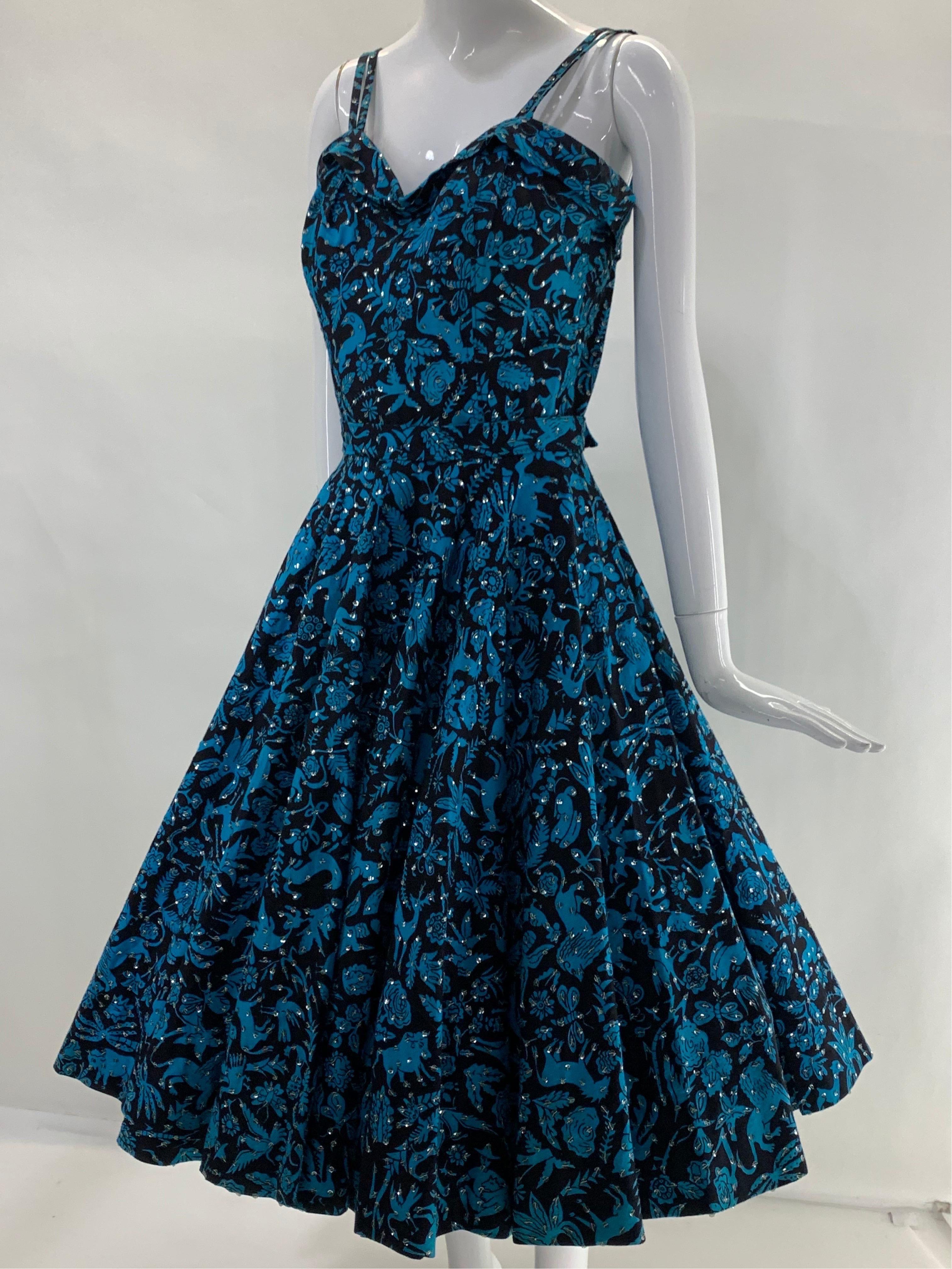 1950s Turquoise & Black Folkloric Print Cotton Summer Dress w/ Scattered Sequins For Sale 9