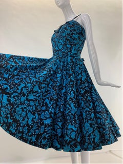 1950s Turquoise & Black Folkloric Print Cotton Summer Dress w/ Scattered Sequins