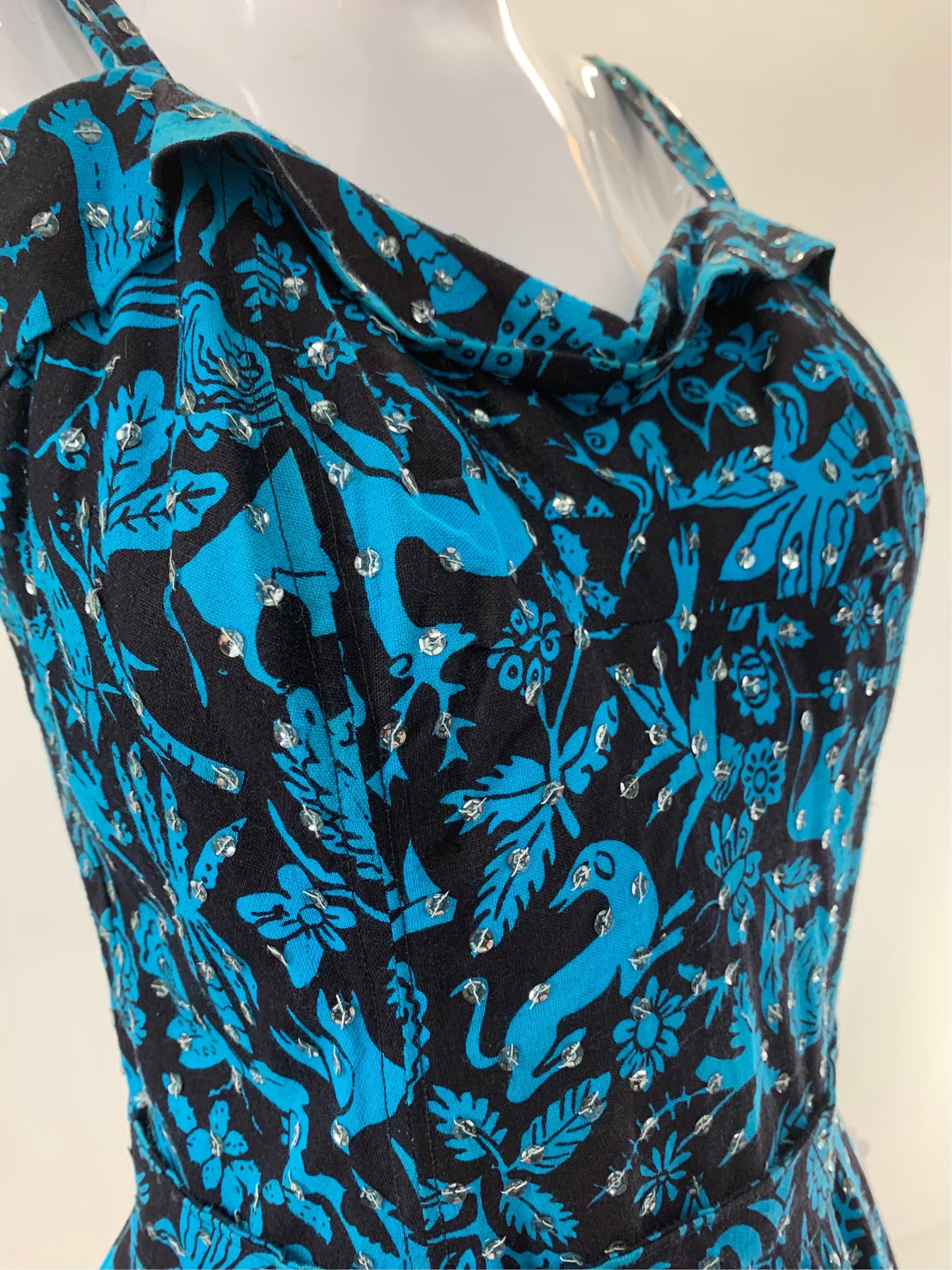 Green 1950s Turquoise & Black Folkloric Print Cotton Summer Dress w/ Scattered Sequins For Sale