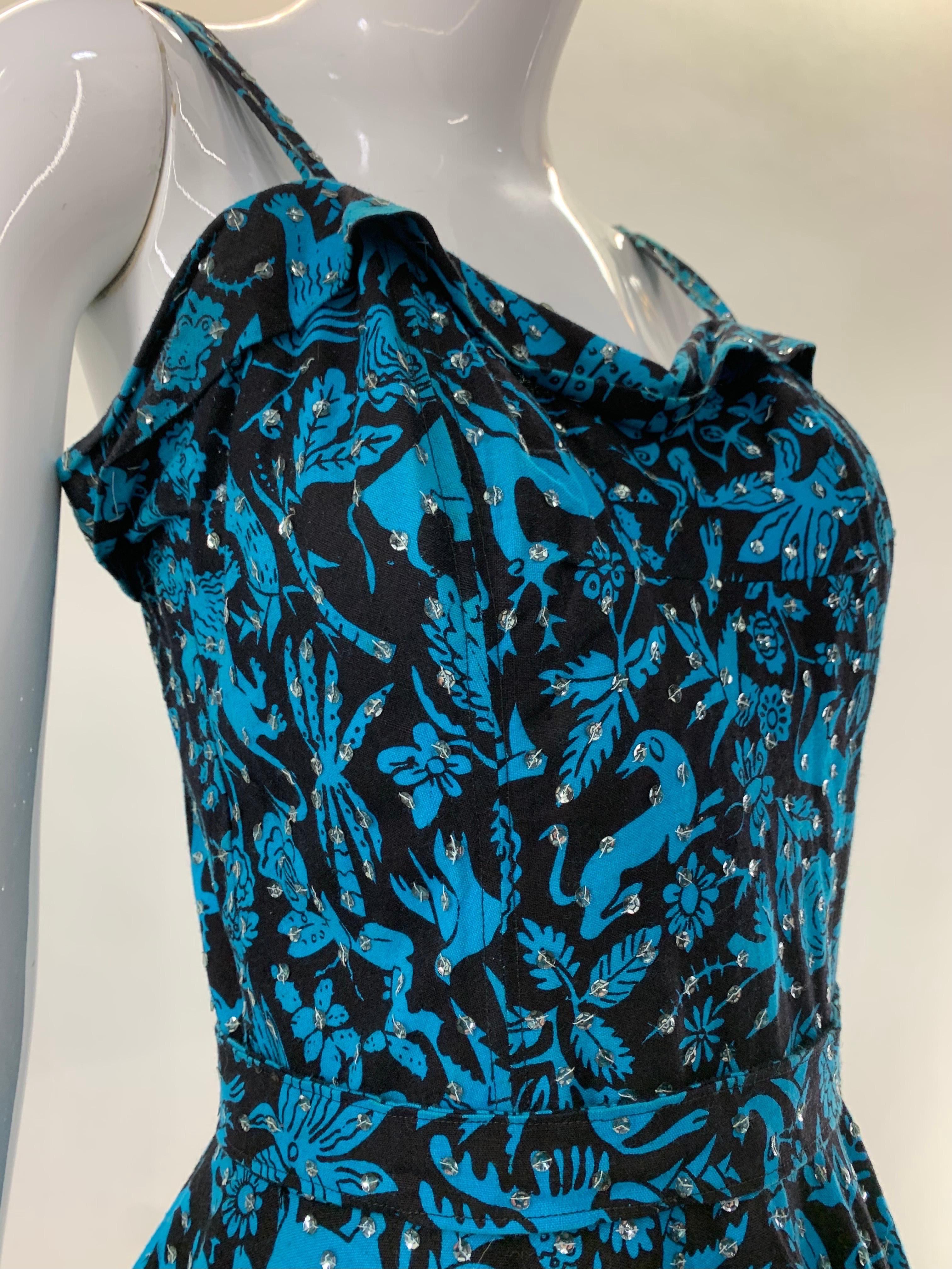 1950s Turquoise & Black Folkloric Print Cotton Summer Dress w/ Scattered Sequins In Excellent Condition For Sale In Gresham, OR