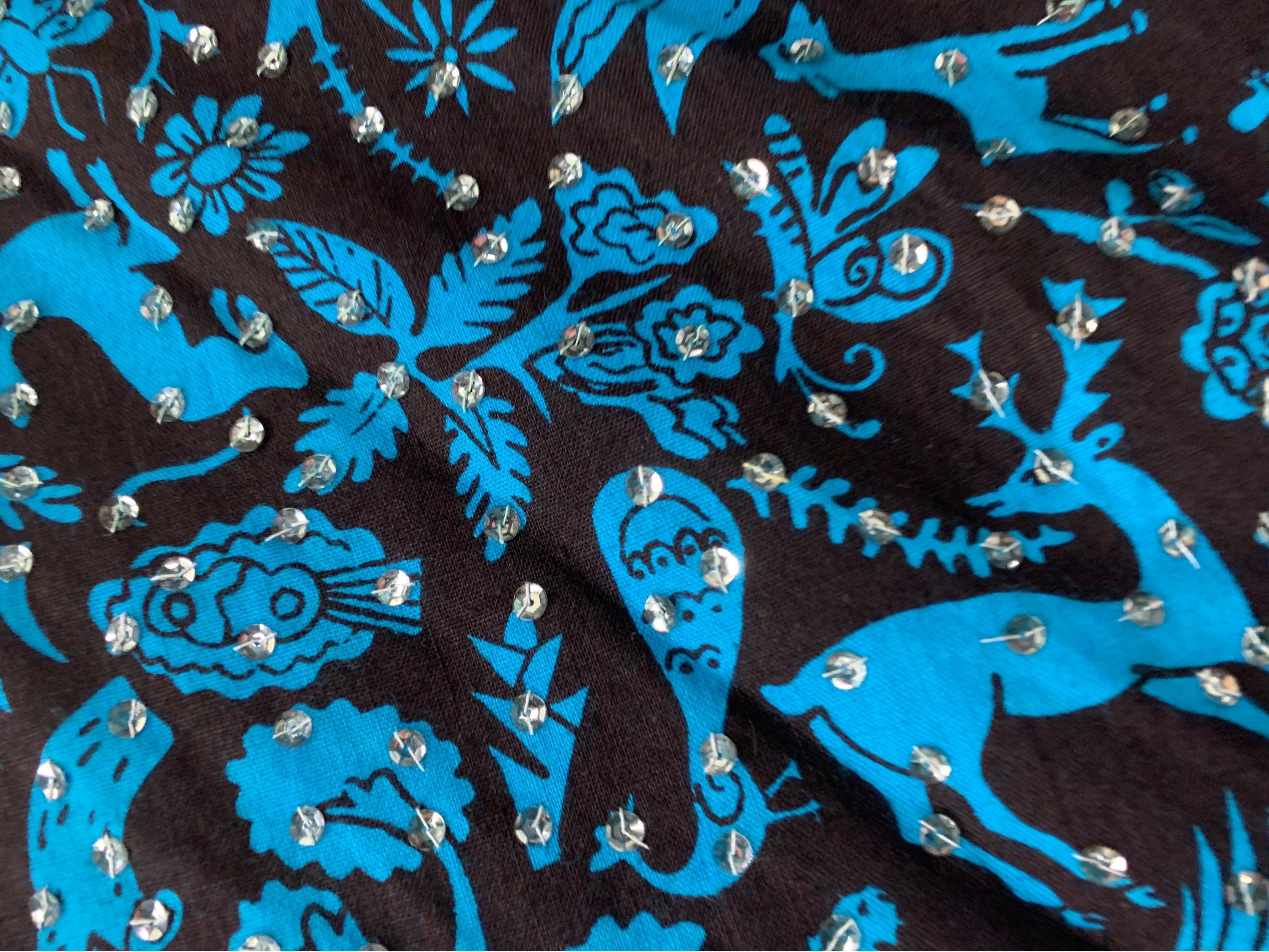 Women's 1950s Turquoise & Black Folkloric Print Cotton Summer Dress w/ Scattered Sequins For Sale