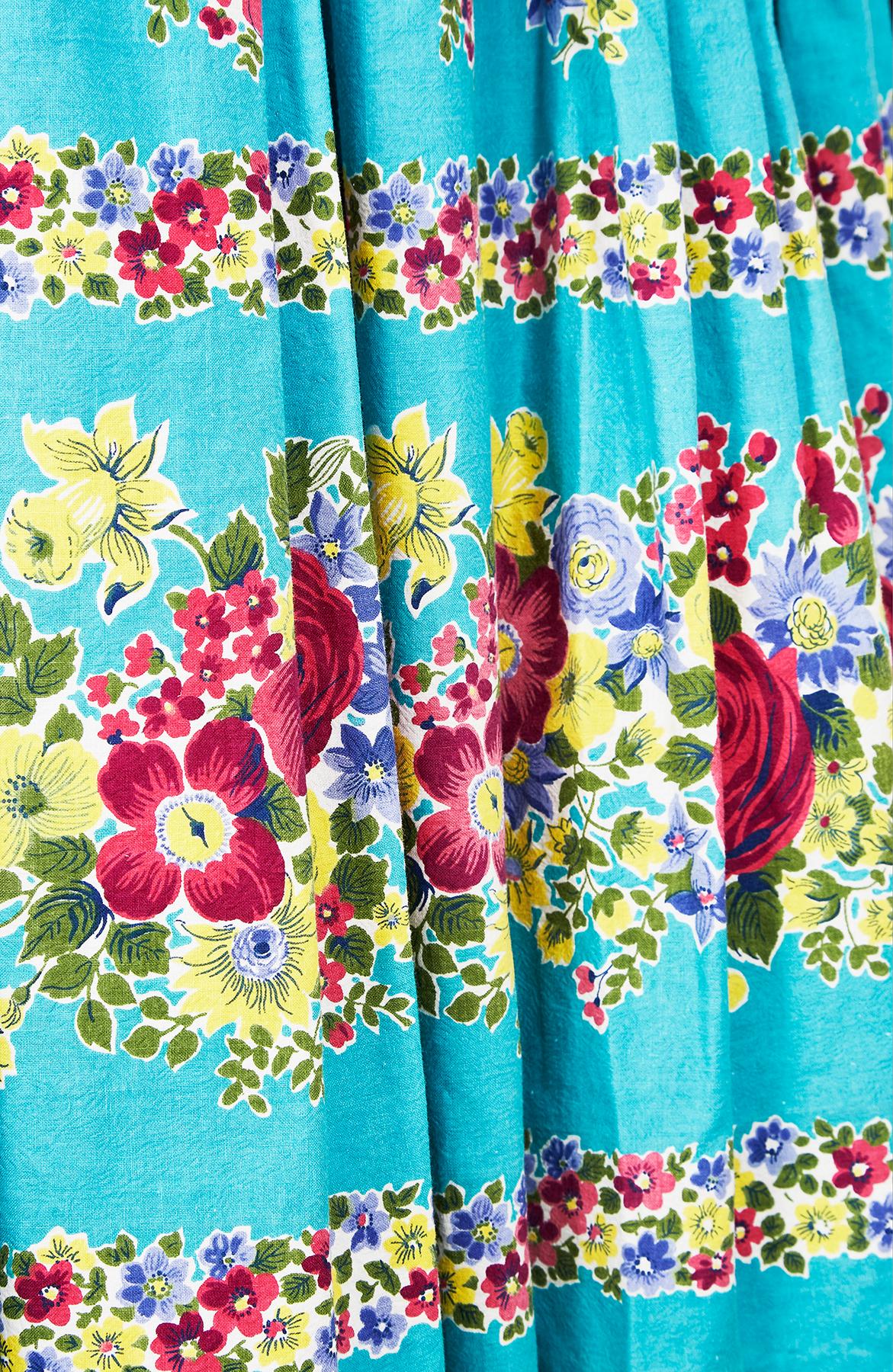 Blue 1950s Turquoise Box Pleat Floral Print Skirt For Sale