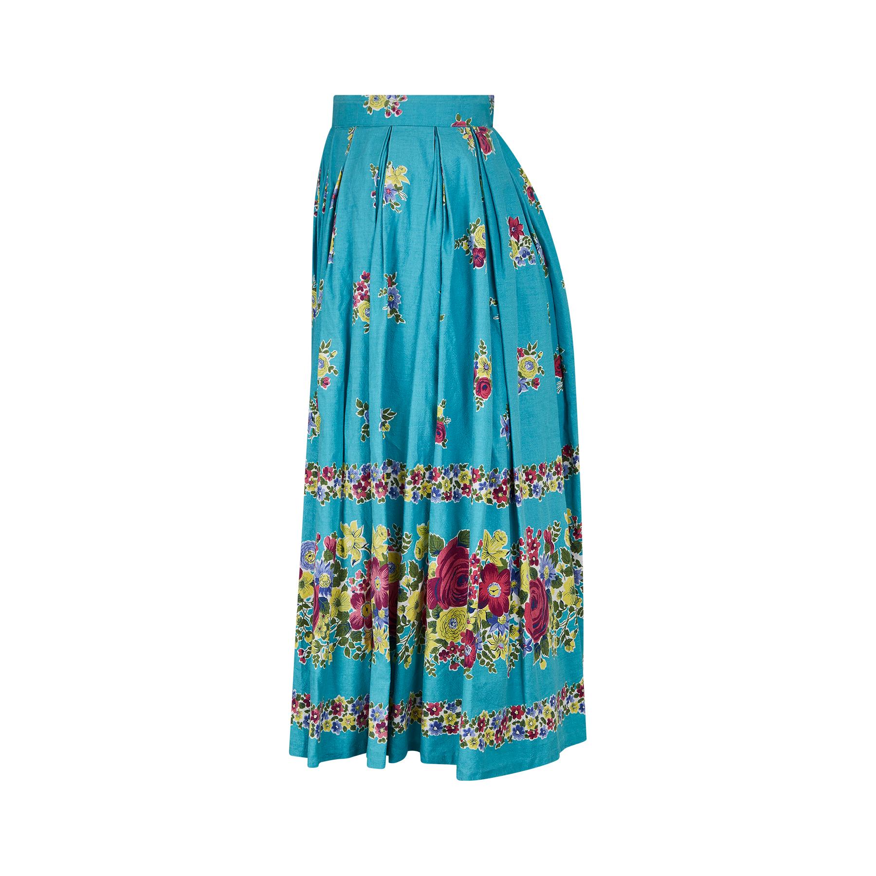 1950s Turquoise Box Pleat Floral Print Skirt In Excellent Condition For Sale In London, GB