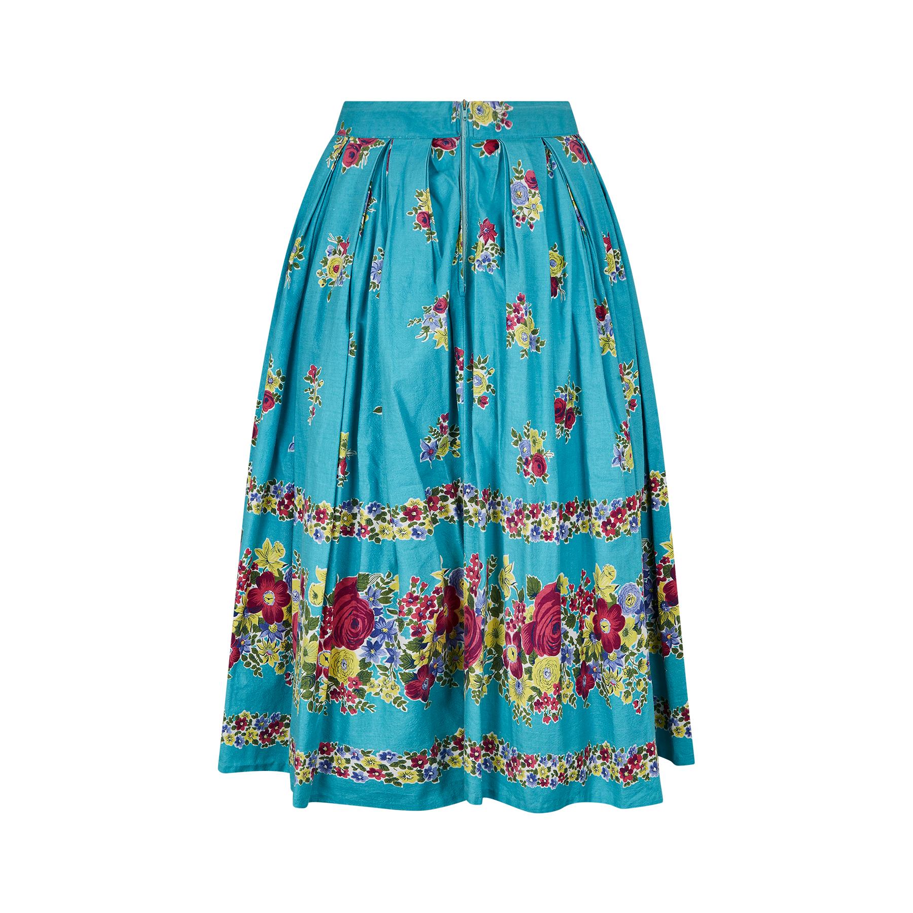 Women's or Men's 1950s Turquoise Box Pleat Floral Print Skirt For Sale