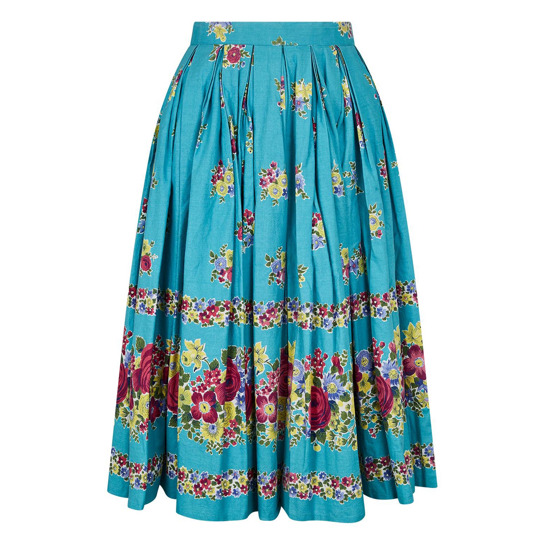 1950s Turquoise Box Pleat Floral Print Skirt