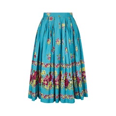 Vintage 1950s Turquoise Box Pleat Floral Print Skirt