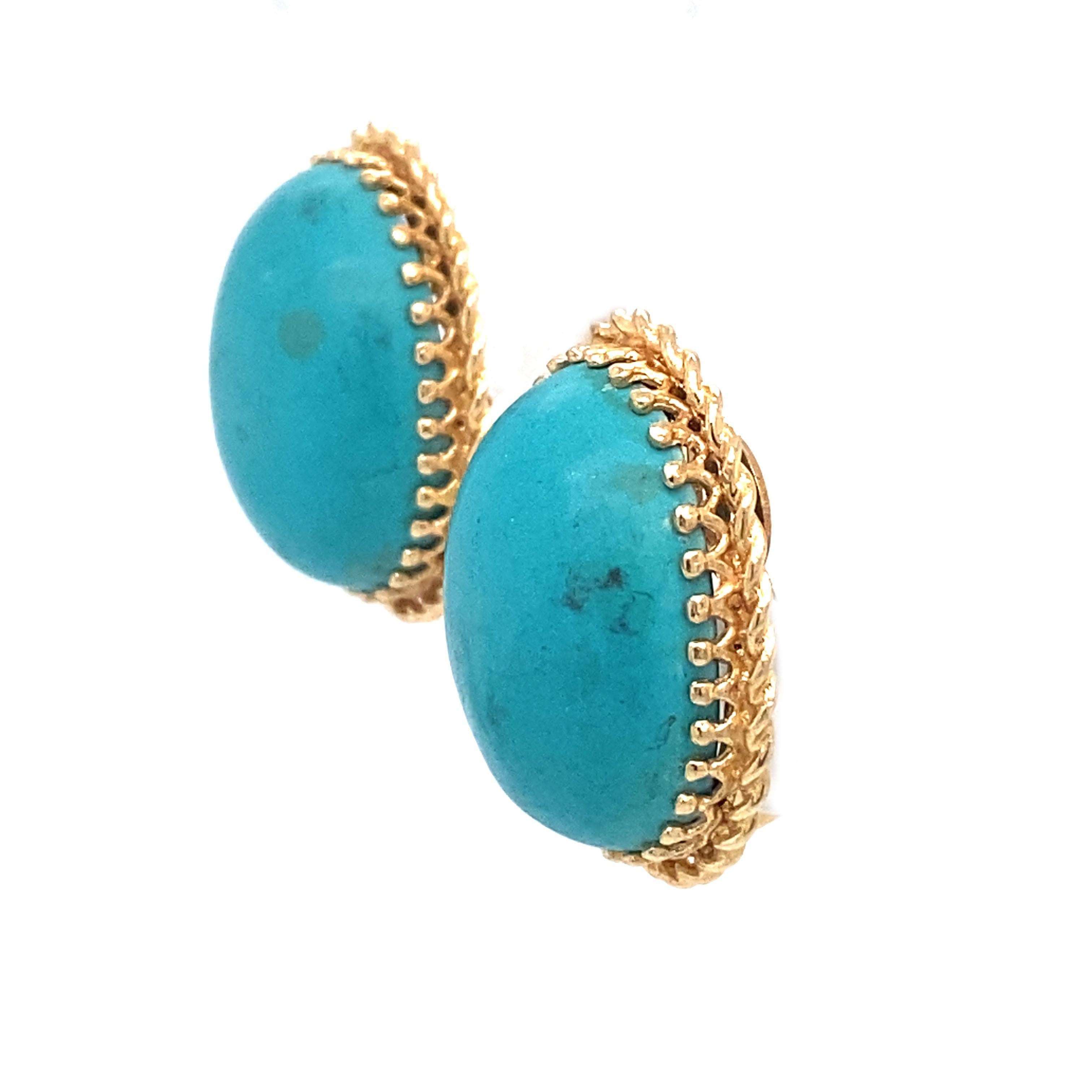 Clips d'oreilles en or 14 carats avec turquoise cabochon, années 1950 Pour femmes en vente