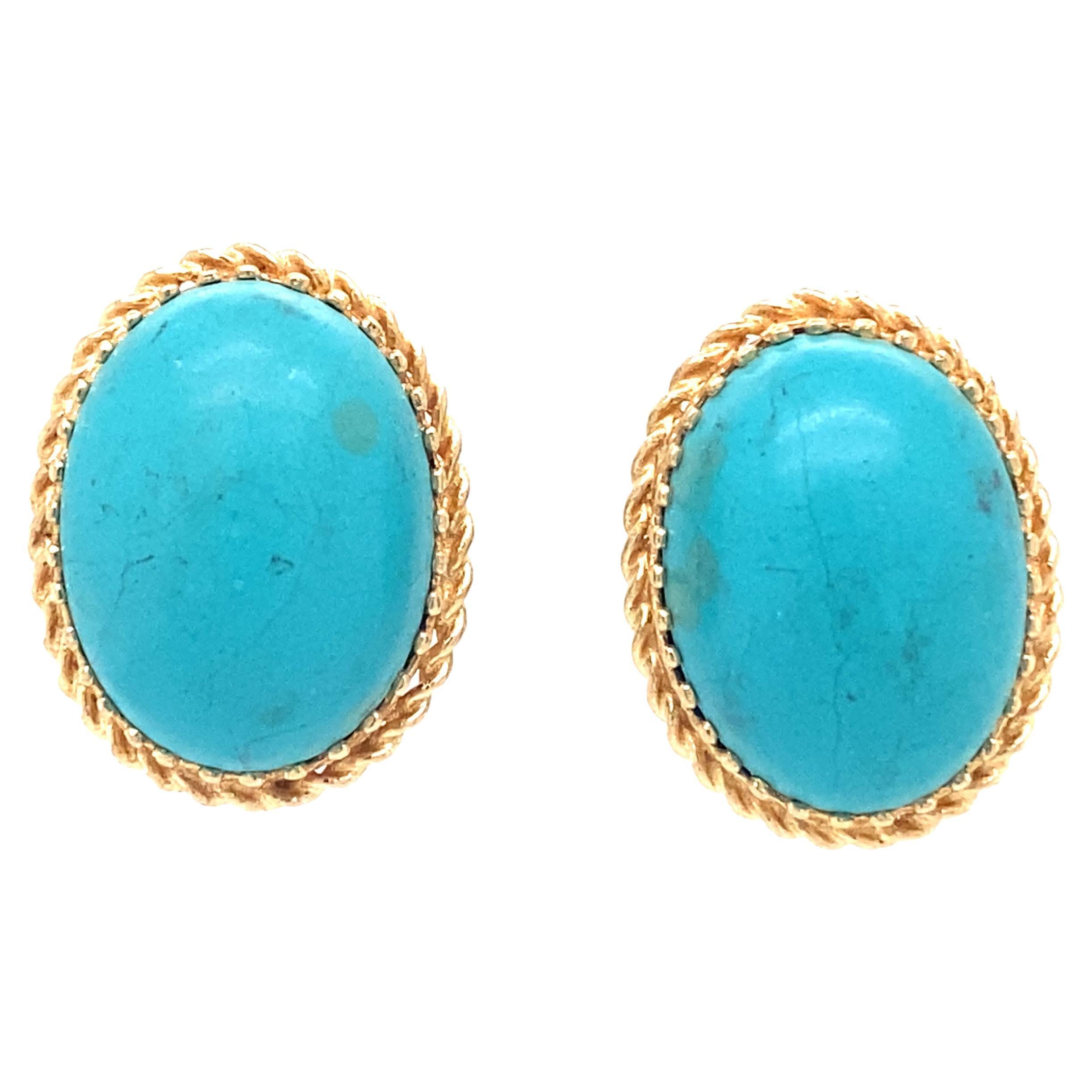 Clips d'oreilles en or 14 carats avec turquoise cabochon, années 1950 en vente