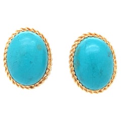 1950s Turquoise Cabochon Clip-On Earrings in 14 Karat Gold