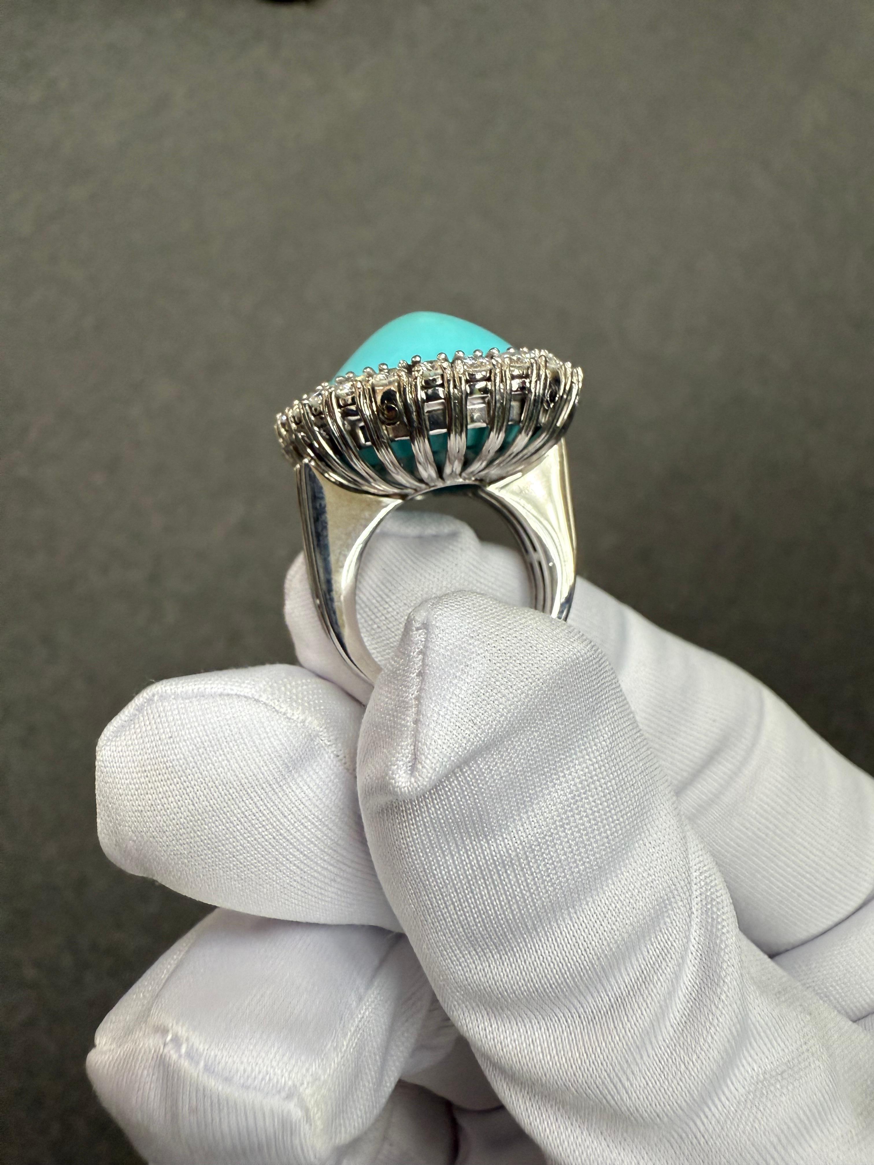 1950s Turquoise Diamond 18k White Gold Cocktail Ring For Sale 4