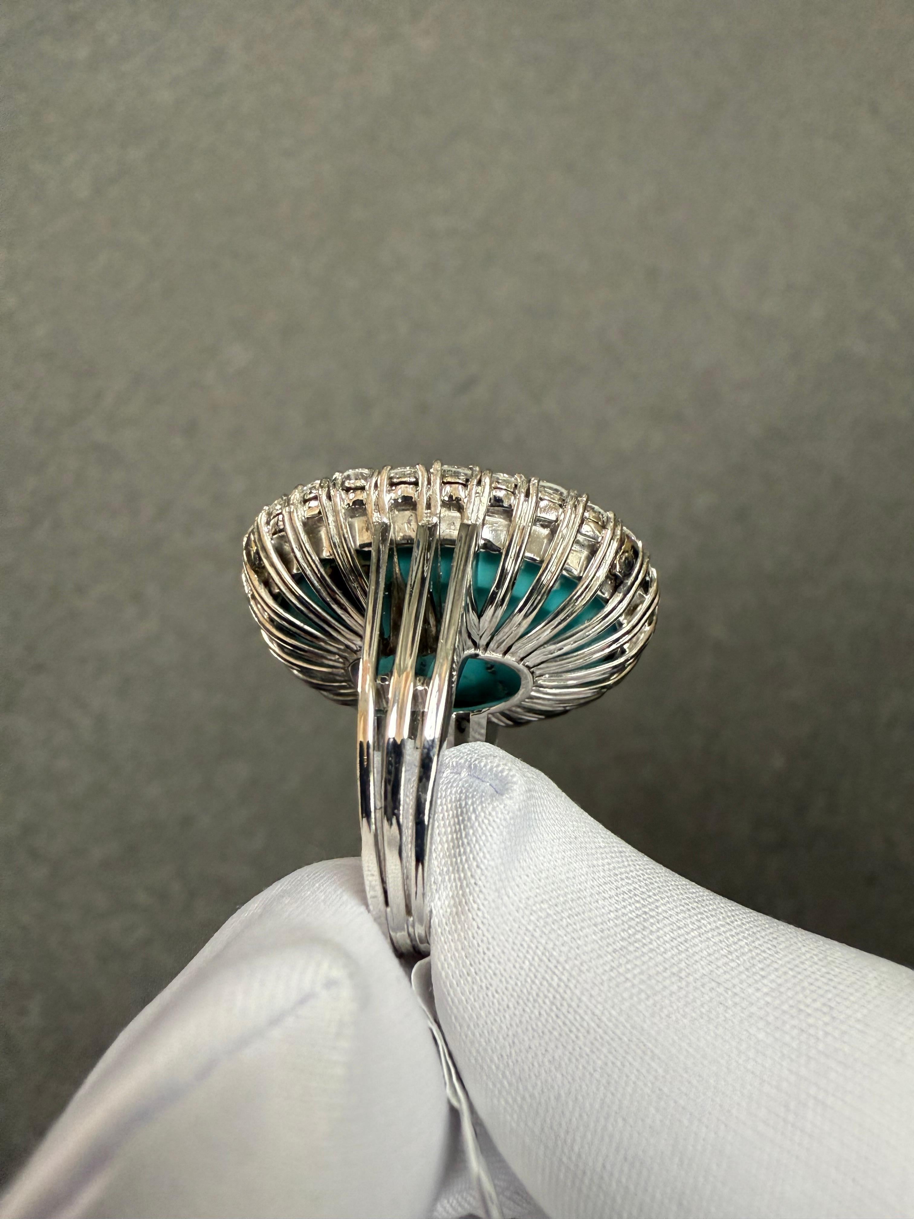 1950s Turquoise Diamond 18k White Gold Cocktail Ring For Sale 5