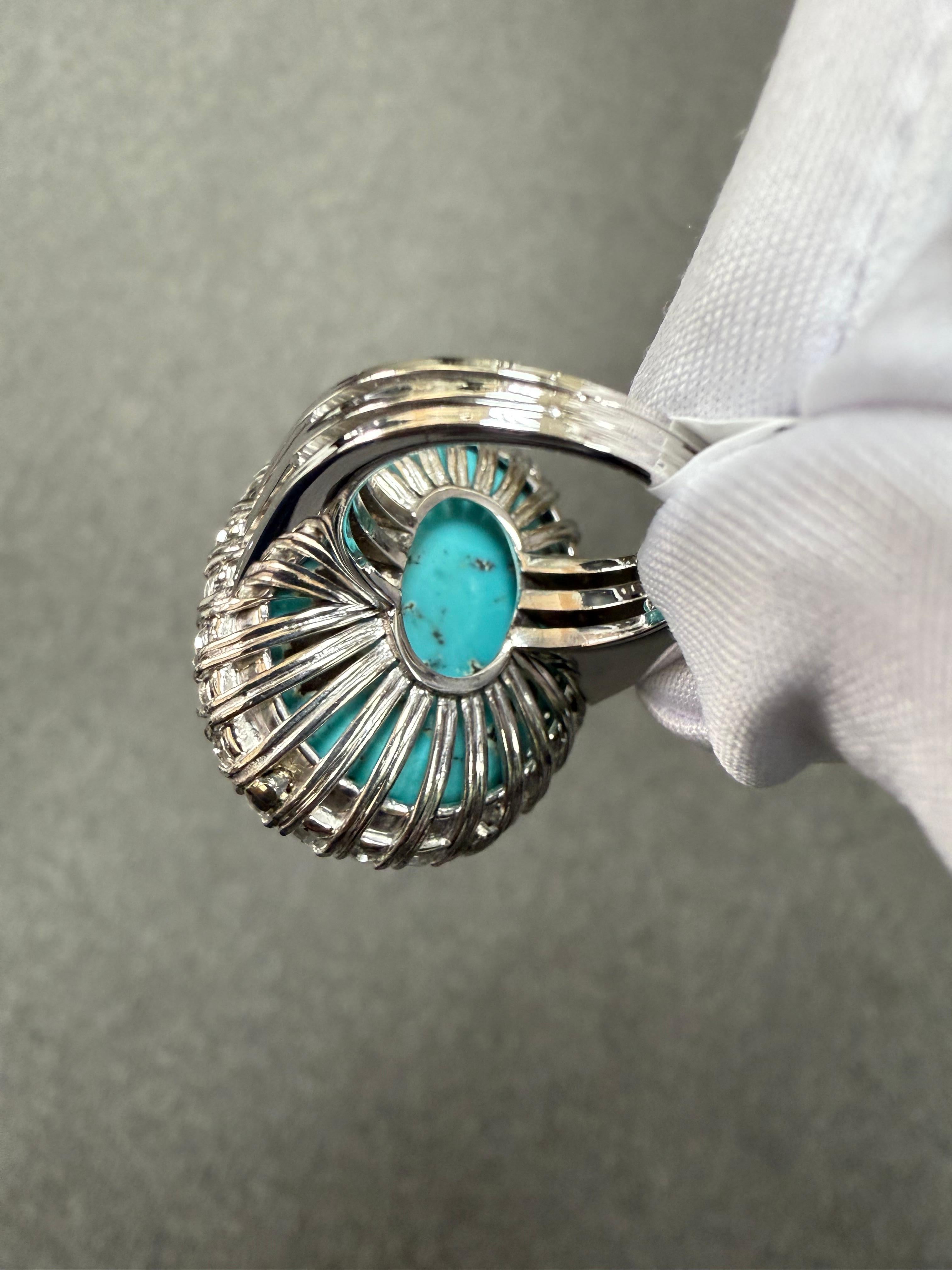 1950s Turquoise Diamond 18k White Gold Cocktail Ring For Sale 7