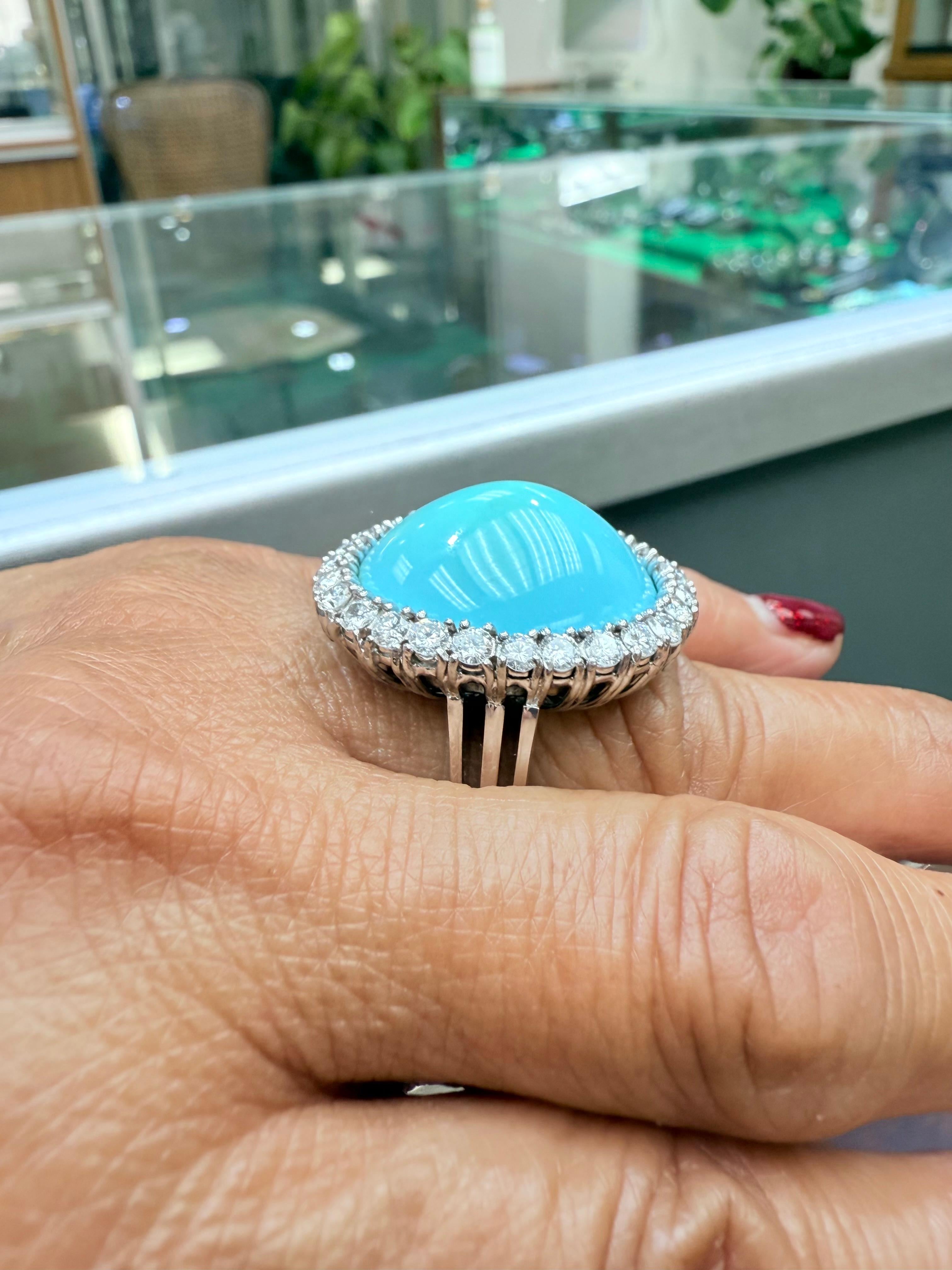 Modern 1950s Turquoise Diamond 18k White Gold Cocktail Ring For Sale