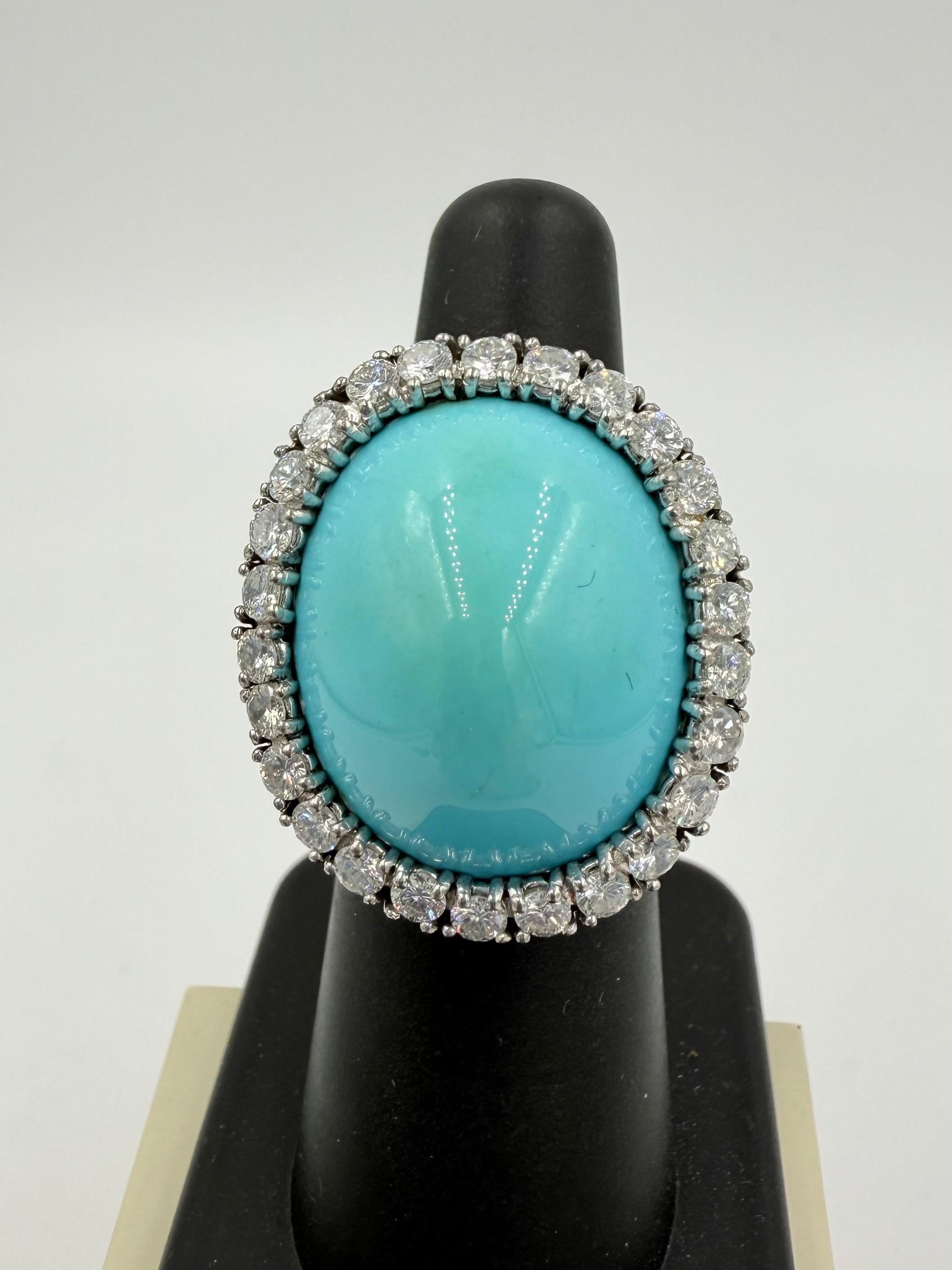 1950s Turquoise Diamond 18k White Gold Cocktail Ring In Good Condition For Sale In Los Angeles, CA