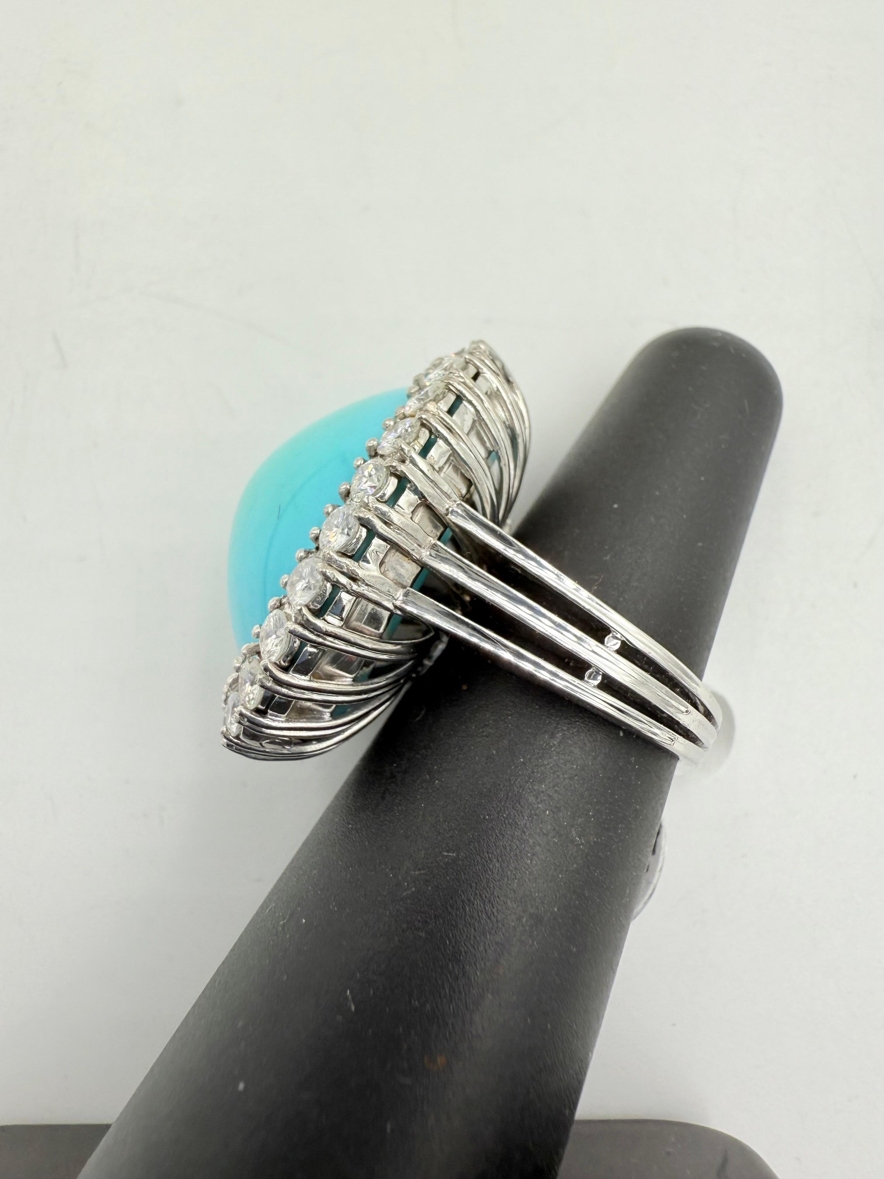 Women's or Men's 1950s Turquoise Diamond 18k White Gold Cocktail Ring For Sale