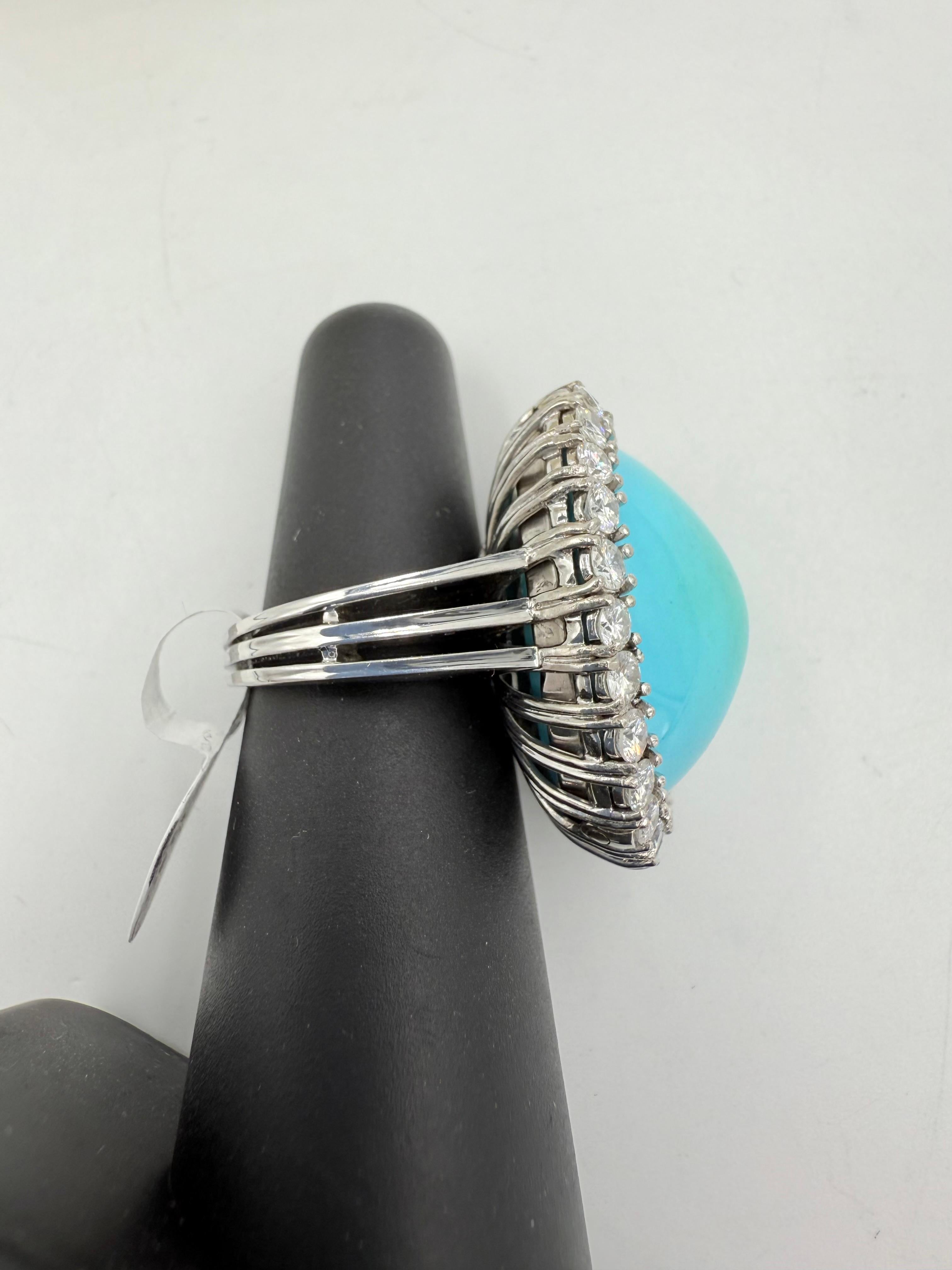 1950s Turquoise Diamond 18k White Gold Cocktail Ring For Sale 1