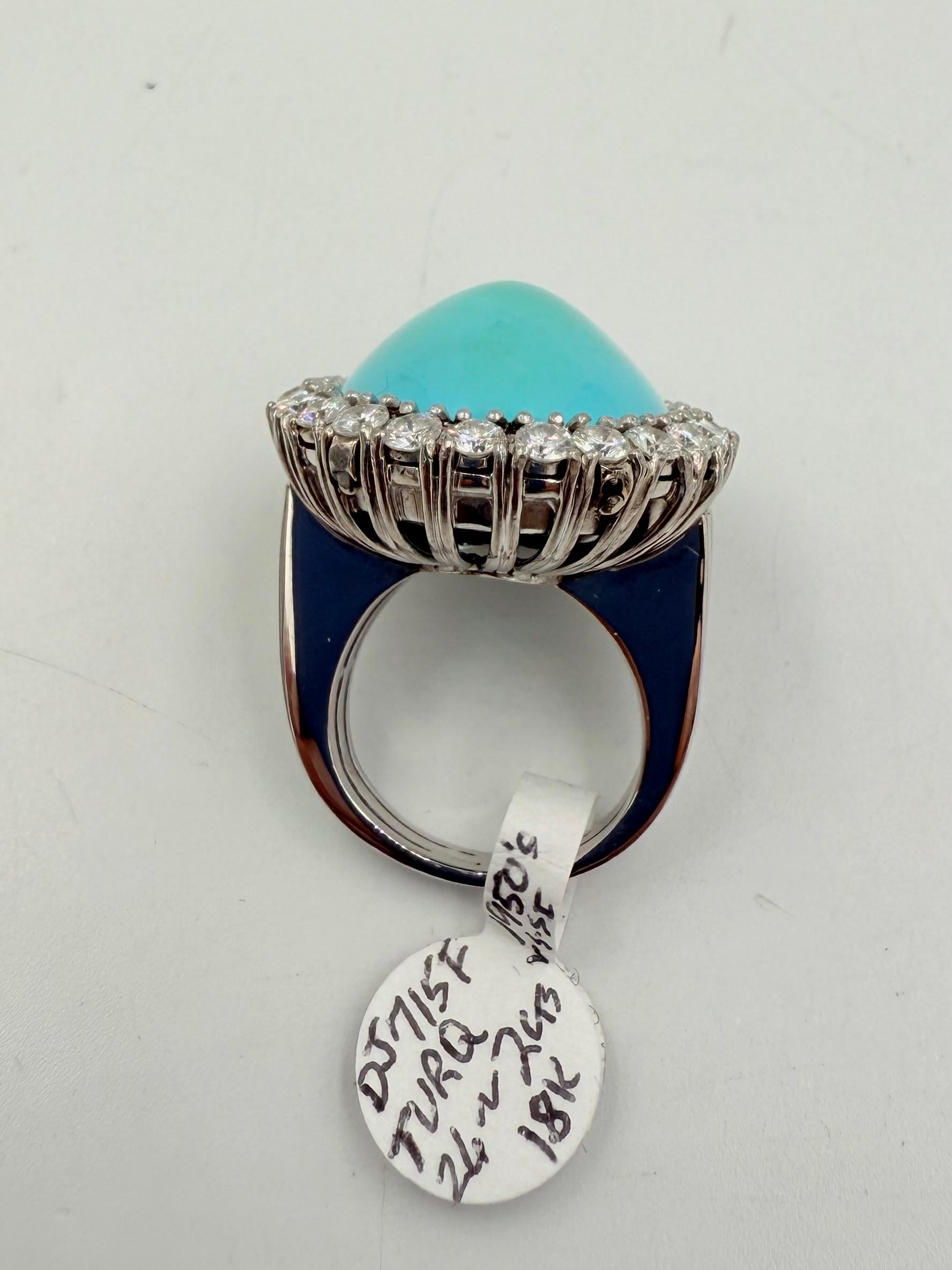 1950s Turquoise Diamond 18k White Gold Cocktail Ring For Sale 2